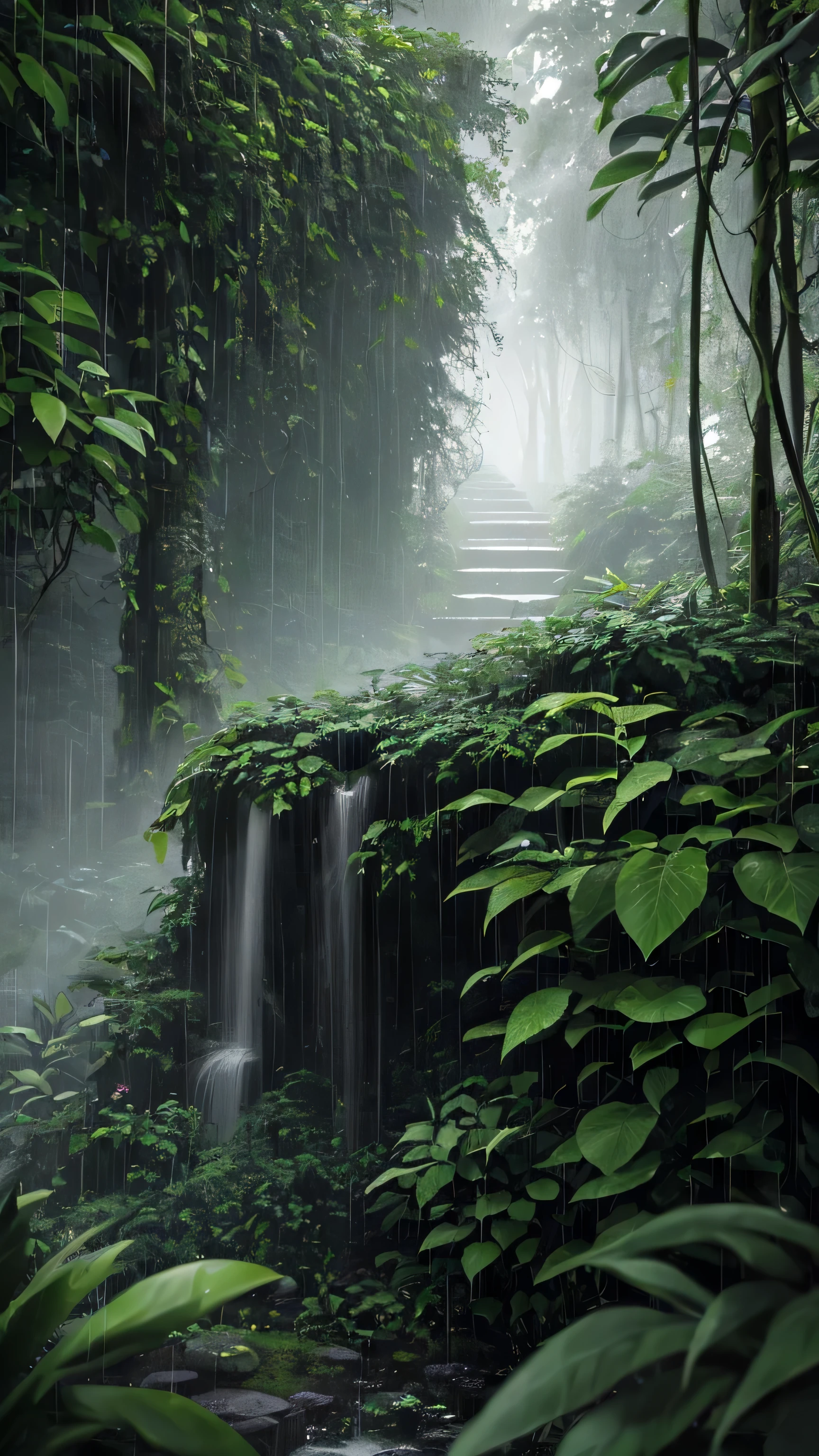 Jungle, intense rainfall, monochromatic colors, vines everywhere, huge wet trees, masterpiece, highest quality, highly elaborate CG Unity 8K wallpapers, oil paintings, award-winning photos, bokeh, depth of field, HDR, bloom, chromatic aberration, photorealistic, very detail, art station, CGSociety trend, complex, high detail, dramatic, Art by Mid-Journey, Volumetric Lighting