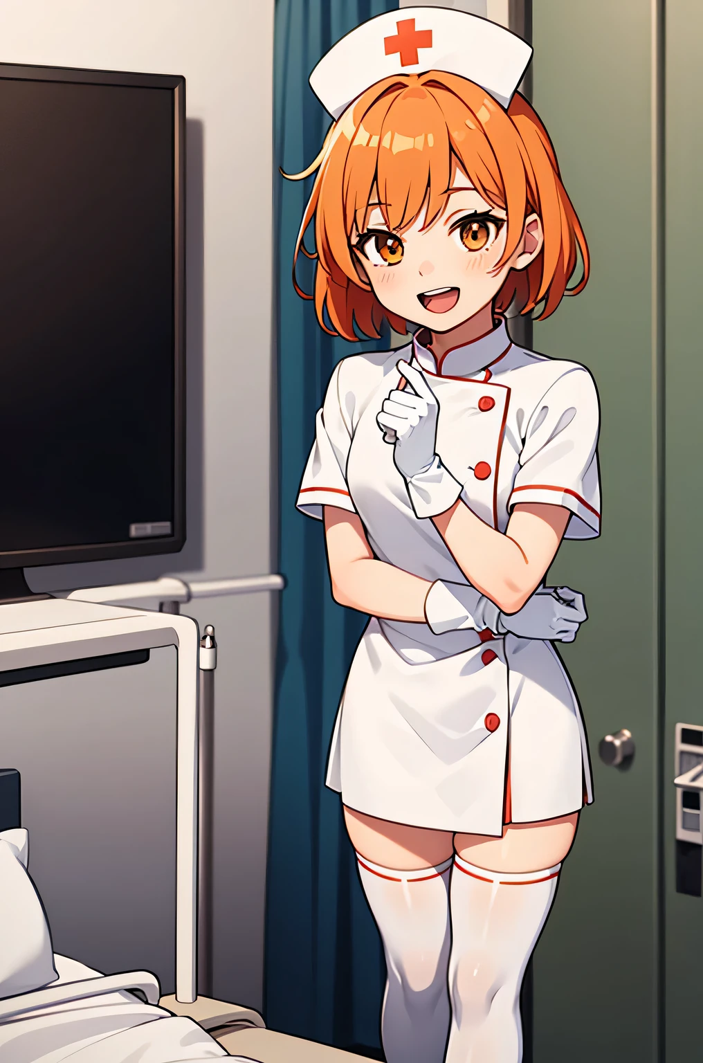1 boy, alone, male focus, nurse, nurse cap, Whiteware, ((white legwear, zettai ryouiki)), white gloves, short hair, orange hair, smile, open your mouth, Are standing, ((hospital room)), sharp outline, short sleeve, Shota, 12 years old, highest quality, masterpiece