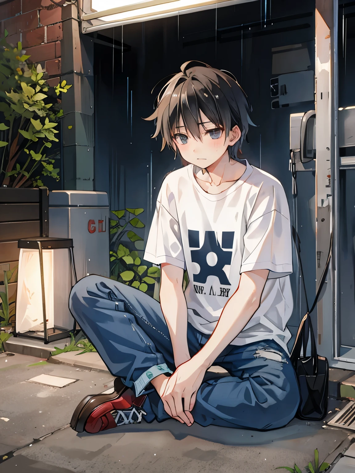 boy, Sitting in the alley, With dirty and torn clothes, Sad face, under the rain, At night