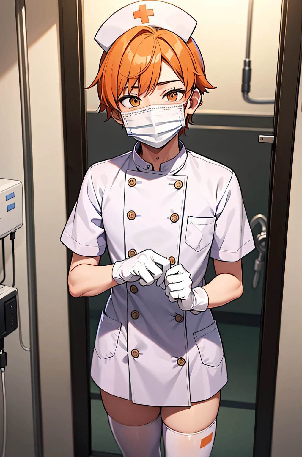 1 boy, alone, male focus, nurse, nurse cap, Whiteware, ((white legwear, zettai ryouiki)), white gloves, short hair, orange hair, ((White surgical mask, Covered nose)), Are standing, ((hospital room)), sharp outline, short sleeve, Shota, 12 years old, highest quality, masterpiece