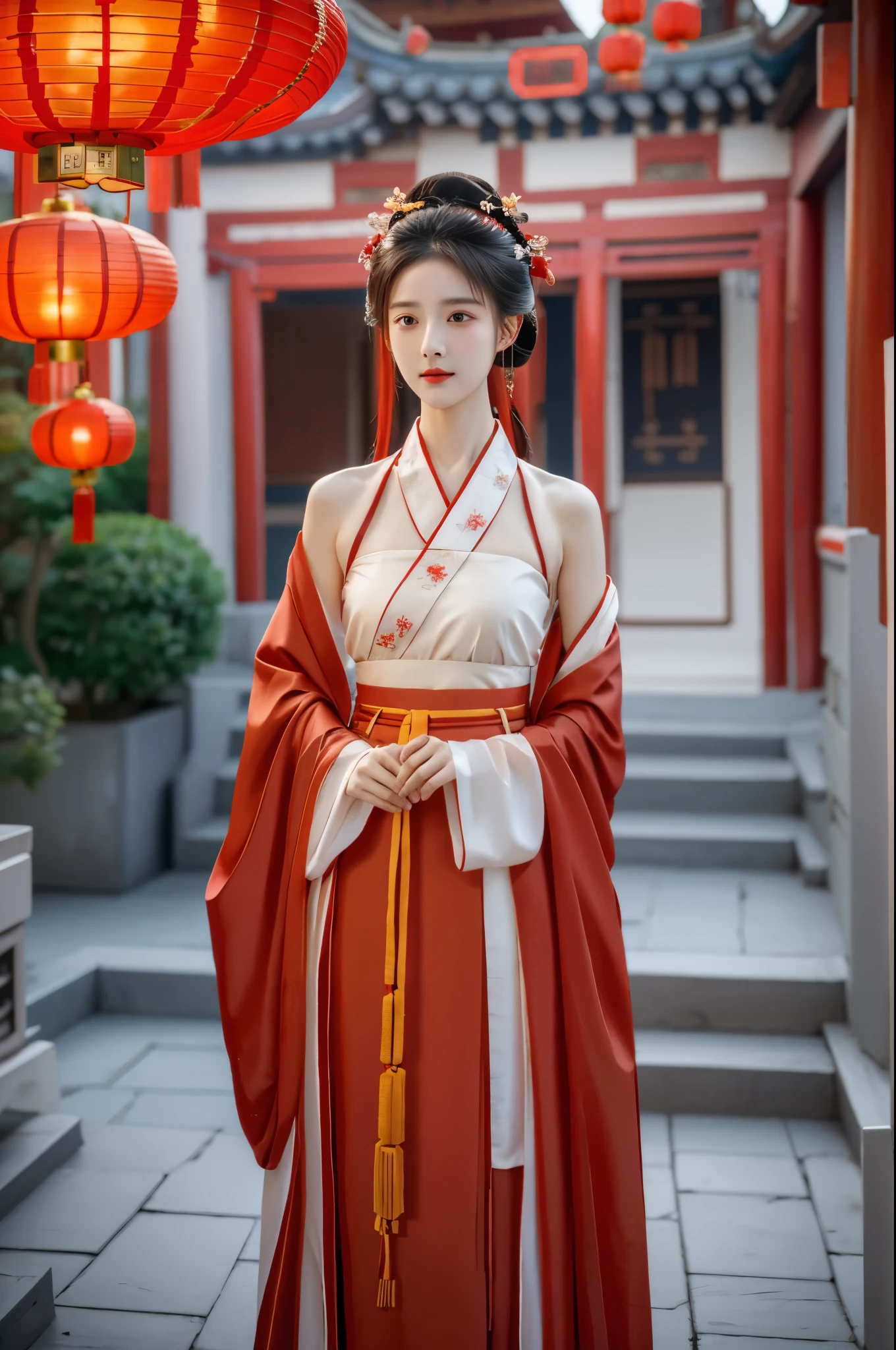 (masterpiece), (best quality), RAW photo, photography, lens fare, hanfu-song, hanfu, song theme, bandeau, tube top,, red hanfu, Chines traditional clothes, red lantern, lunar new year