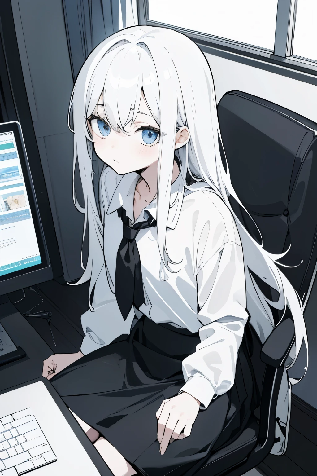 (hacker,anime style,wearing white shirt,black skirt,indoor scene,gloomy look),((UHD HD picture quality,A masterpiece for delicate skin,8k))Character close-up,dark room,dark,sit on the chair,There's a screen next to it,computer。detail,best quality,EXTREMELY CLEAR