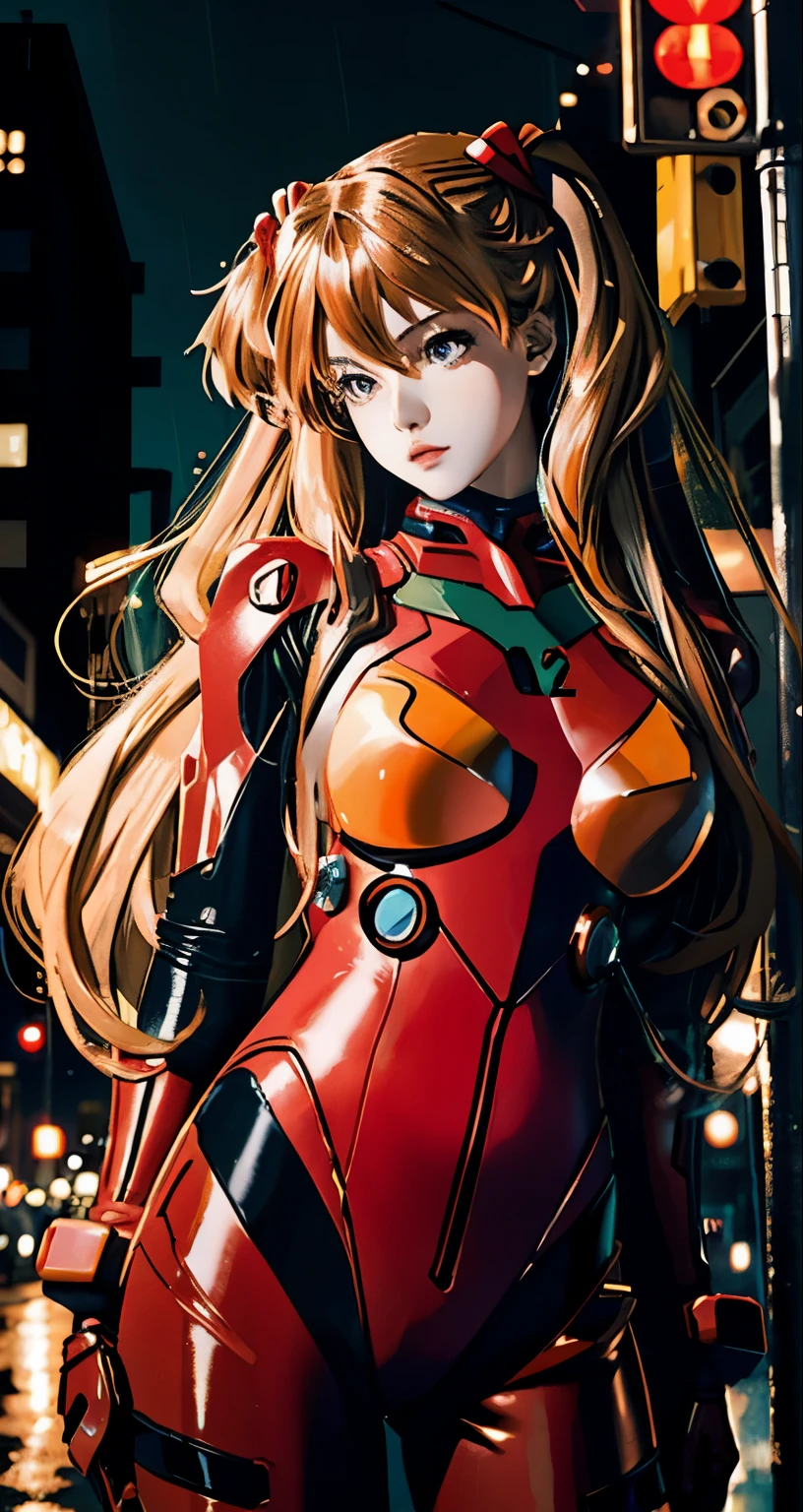 best quality, masterpiece, actual, photoactual, 1 girl, alone, looking at the audience, whole body, permanent, long hair, asuka role play costume, role play, Plug set, bodysuit, hair accessories, Detailed background, on the street, night, Light, rain,