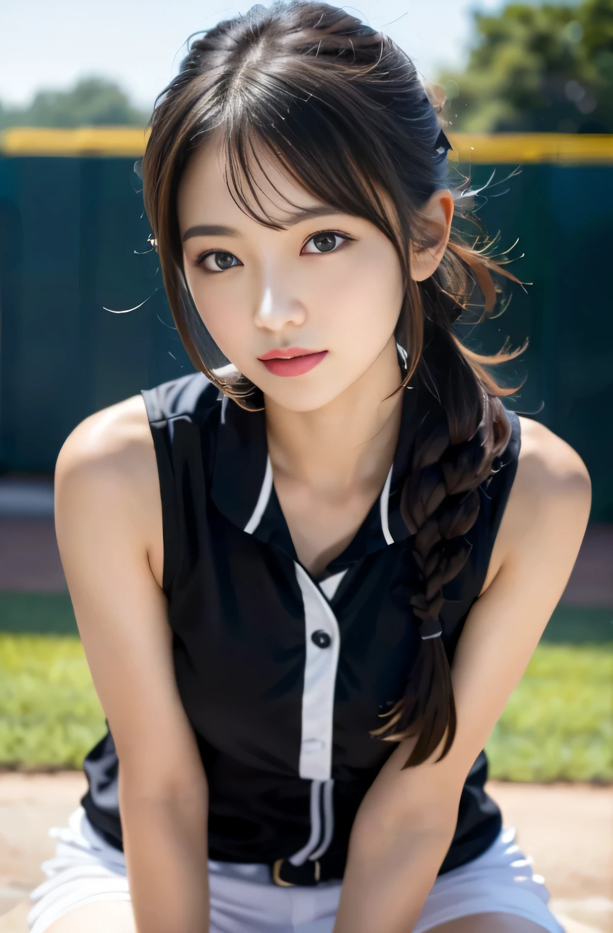 (8K, RAW photo, highest quality, masterpiece: 1.2), masterpiece, Super detailed, Ultra high decomposition energy A, (realistic and realistic photos: 1.37), High-definition RAW color photo, very delicate and beautiful., About Igree, 8k wallpaper, wonderful, be familiar with, 非常にbe familiar withな目, 非常にbe familiar withな肌, very thin fingers, 非常にbe familiar withな鼻, 非常にbe familiar withな口, perfect anatomy,1 girl, (baseball uniform), that&#39;It's hazy, blurred background, blurred foreground, blush, Braid, Pectoral muscle, written boundary depth, eyebrows visible through hair, with ruffles, hair between eyes, court, gem, look up at the audience, short hair, sitting, alone, big breasts、Nogizaka idol、korean idol、fiery idol pose、 star、18-year-old、expensive、korean idol、Nogizaka idol、 star、fiery idol pose、((Full body Esbian)), ((sculpture installation))