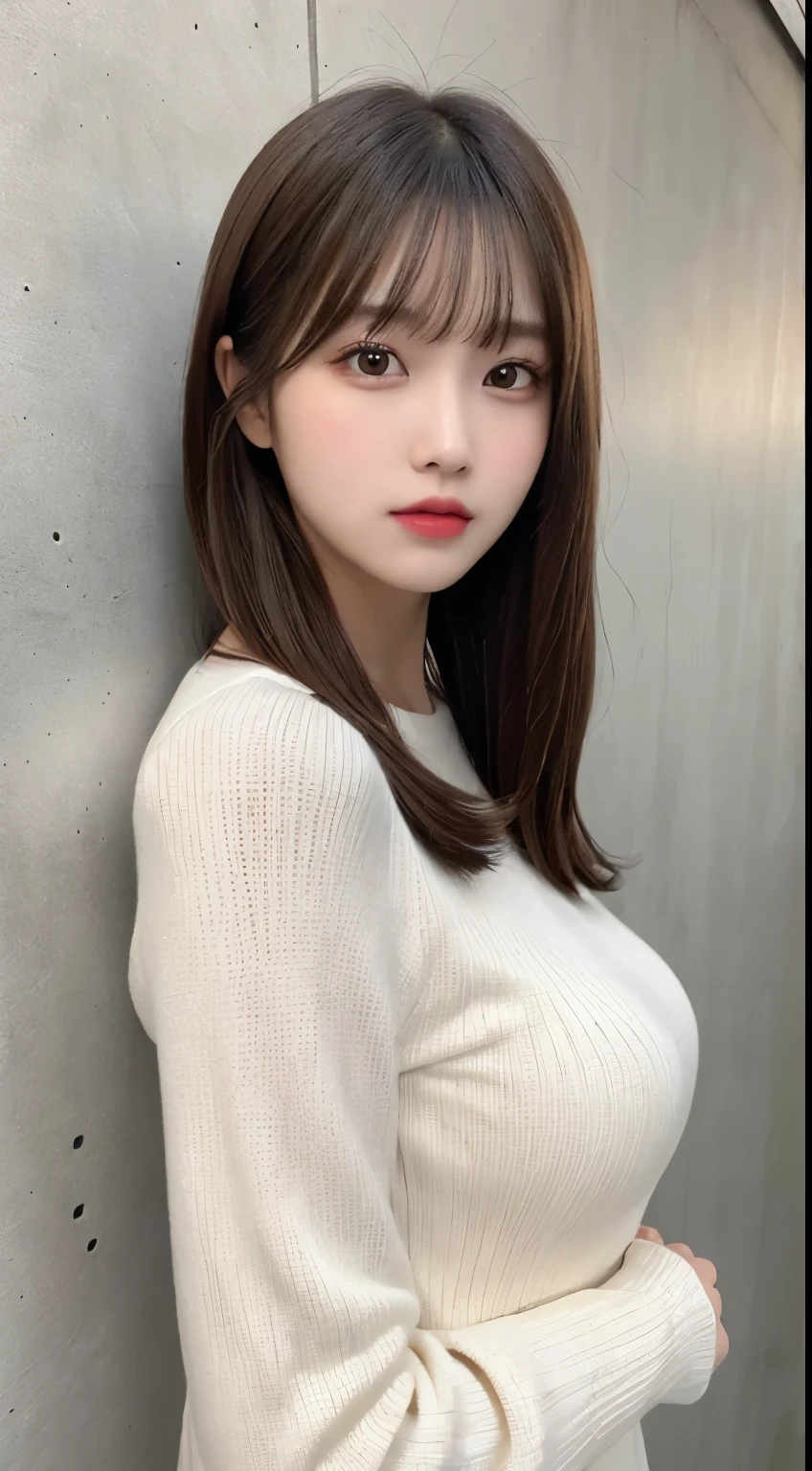 table top, highest quality, figure, super detailed, finely, High resolution, 8k wallpaper, 完璧なダイナミックな構figure, beautiful and fine eyes, long sleeve knit dress,medium hair, natural color lip, bold pose、20 year old girl、cute,face only,Create a sexy look、(white concrete wall background)