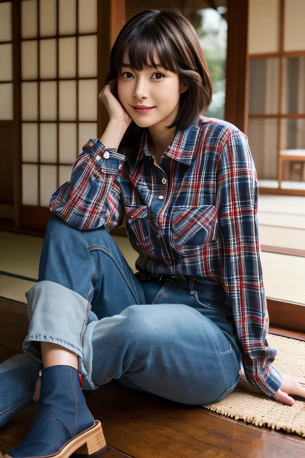 8K.genuine.I'm grateful.Beautiful and cute Japanese woman is sitting indoors in Japanese style.She is wearing a red checked long sleeve shirt and dark blue denim pants。... She is short, short and thin hair.skinny