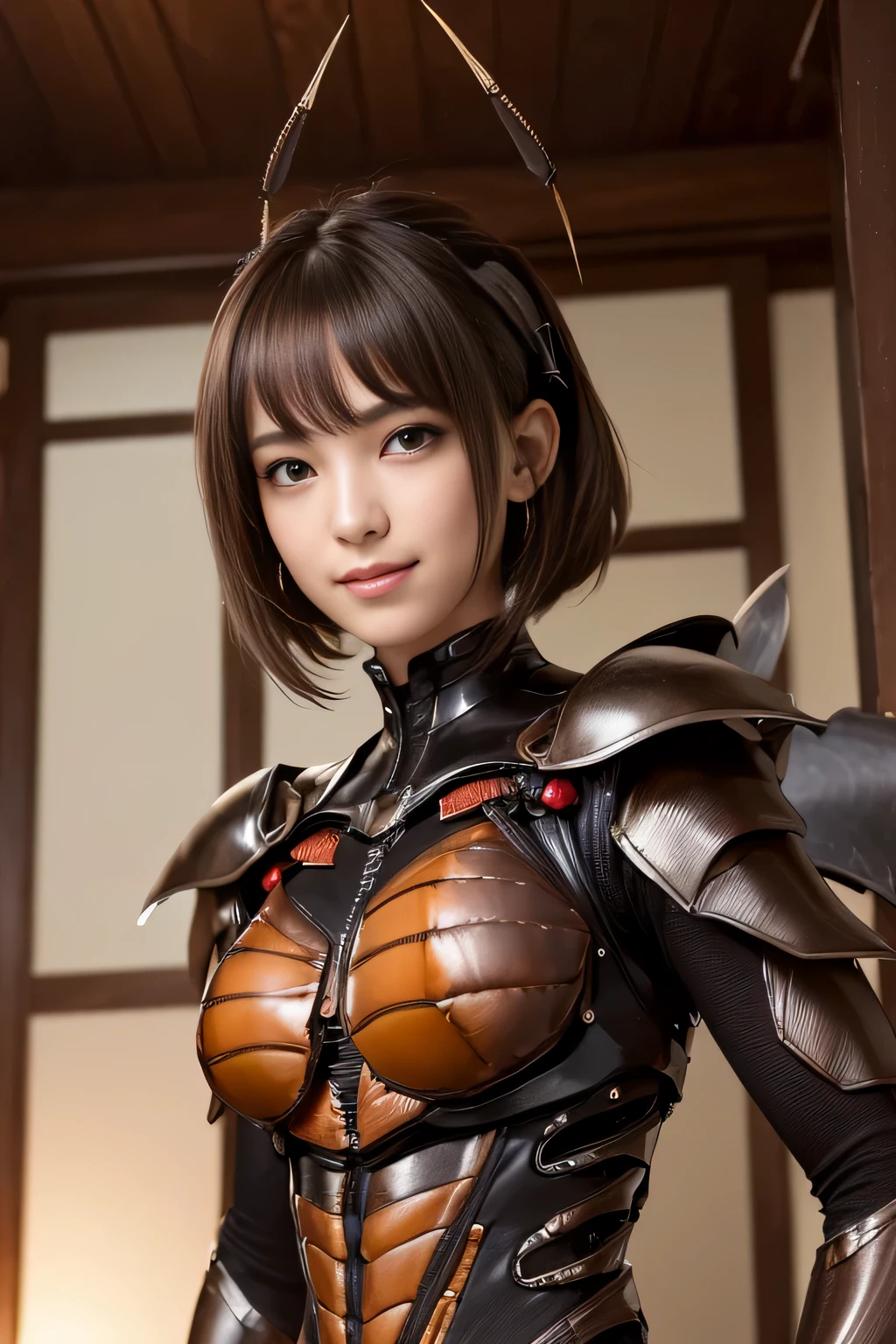 (High resolution,masterpiece,highest quality,Very detailed CG, anime, official art:1.4), realistic, photograph, amazing detail, all complicated, luster and luster,great many layers, 8k wallpaper, 3D, sketch, cute, figure,( alone:1.4), perfect female proportions,villain&#39;s daughter, (Fusion of dark brown cockroach and lady:1.4), (brown cockroach form lady:1.2), (brown cockroach woman:1.2), (Fusion:1.2), (alone:1.4), (evil smile:1.2), muscular, abs, (Cockroach brown exoskeleton bio insect suit:1.4), (Cockroach brown exoskeleton bio insect armor:1.2), (brown transparent cockroach feathers:1.4), (brown cockroach antenna:1.3),
