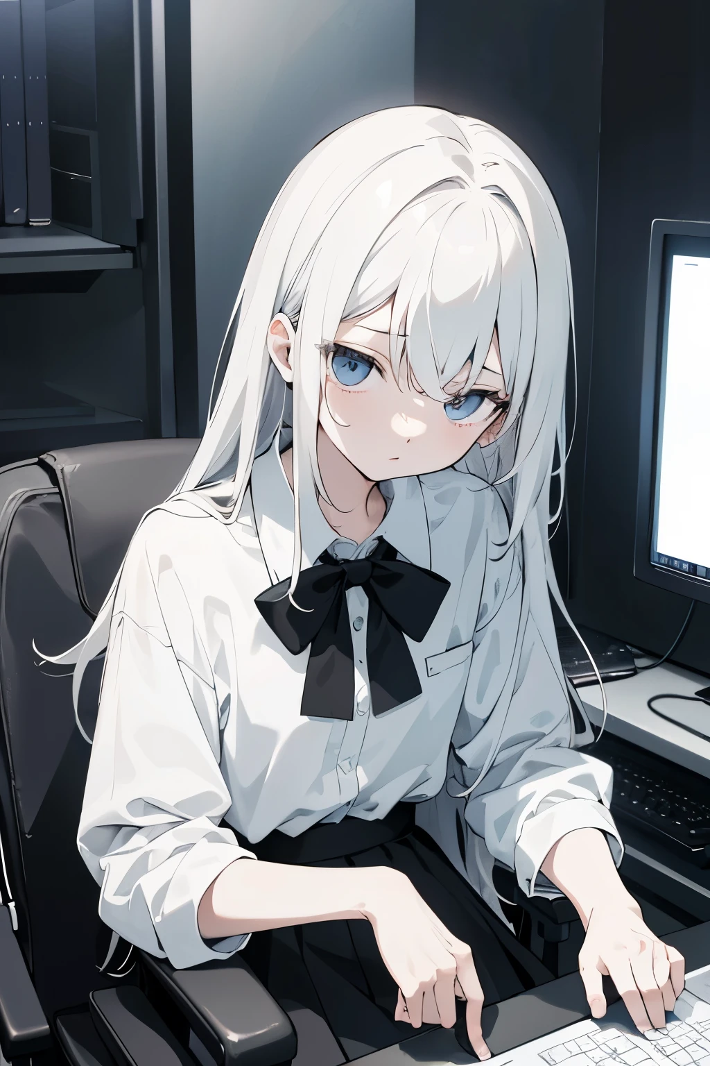 (hacker,anime style,wearing white shirt,black skirt,indoor scene,gloomy look),((UHD HD picture quality,A masterpiece for delicate skin,8k))Character close-up,dark room,dark,sit on the chair,There's a screen next to it,computer。detail,best quality,EXTREMELY CLEAR