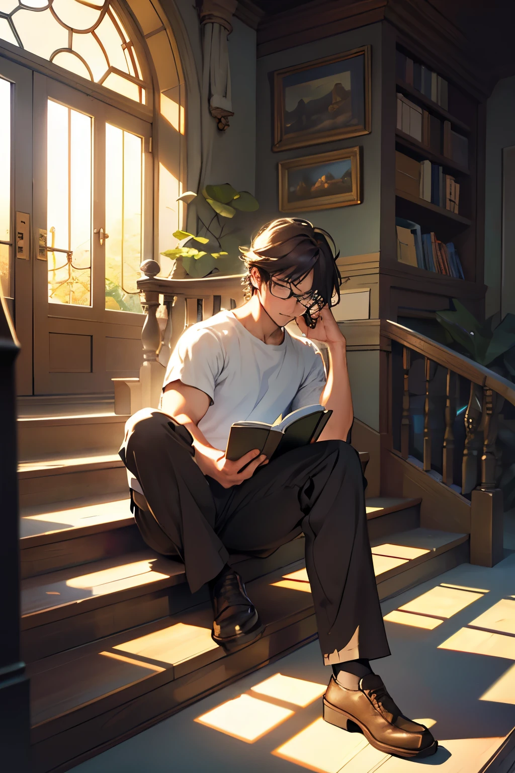 Cinematic Still of a Person, Sitting on Stairs, Engrossed in a Book
(Best Quality, 4k, 8K, high resolution, Masterpiece: 1.2), Male figure, Leaning back on the wooden stairs, legs crossed, holding a large book in hands,white t-shirt, brown pants, glasses on nose, deep focus on the pages, Lost in Thought Expression.
A person, nomo leyendo (not reading yet), taking a break on the stairs, covered in the warm sunlight filtering through the windows, a stack of books beside him, overlooking a beautiful garden view. A sense of tranquility fills the scene, the person's