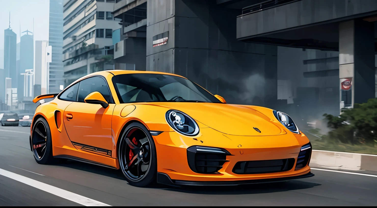Magnificent custom Porsche 911 RWB futuristic vehicle with an impressive wide body kit, rodas vermelhas e um visual customizado no estilo "Pimp My Ride". Rendered in a high-octane, hyper-realistic setting with extreme detail, providing a cinematic experience. Inspired by the aesthetics of the film "Blade Runner" and with an artistic touch in the style of Pablo Picasso. The vehicle is set in an apocalyptic scenario, lembrando uma pista de corrida em uma Hong Kong futurista. This image is a true masterpiece that is in high trend
