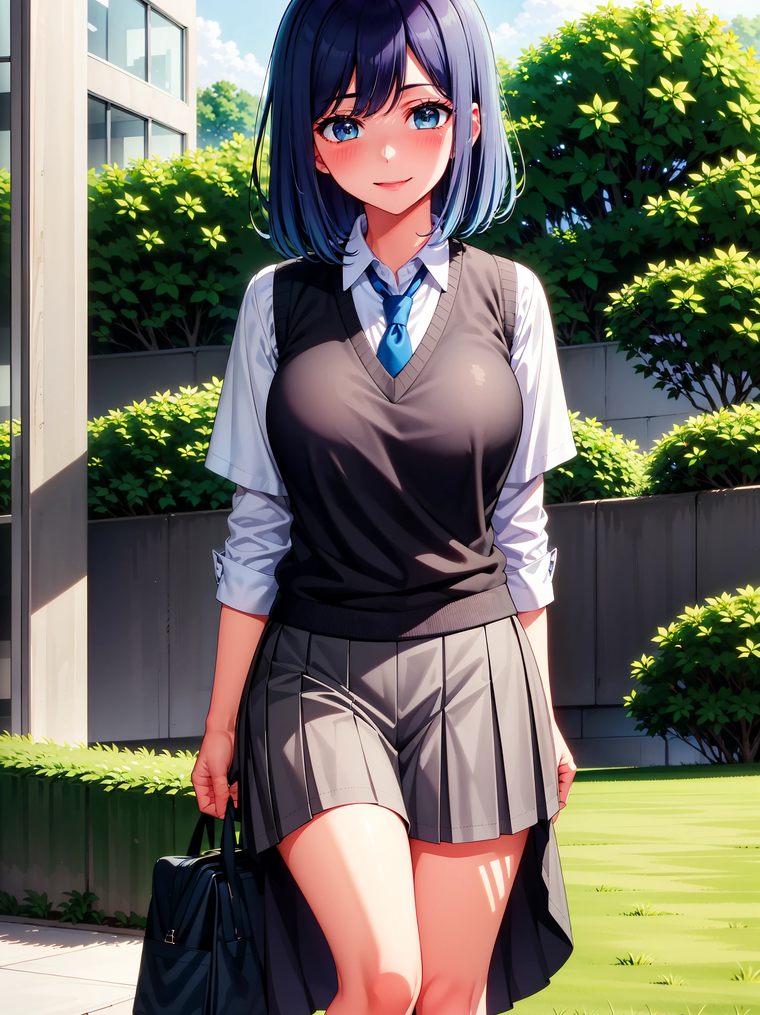 (masterpiece, highest quality:1.2), 1 girl, alone, Akane Kurokawa, 1 girl, dark blue hair, medium hair, one length bob, Added bangs to add brightness to the face, Hair ends remain thick overall. , blue eyes, green eyes, school uniform, white shirt, collared shirt, vest, white shirt, sweater vest, black vest, blue tie, gray pleated skirt, smile, In a field of colorful flowers