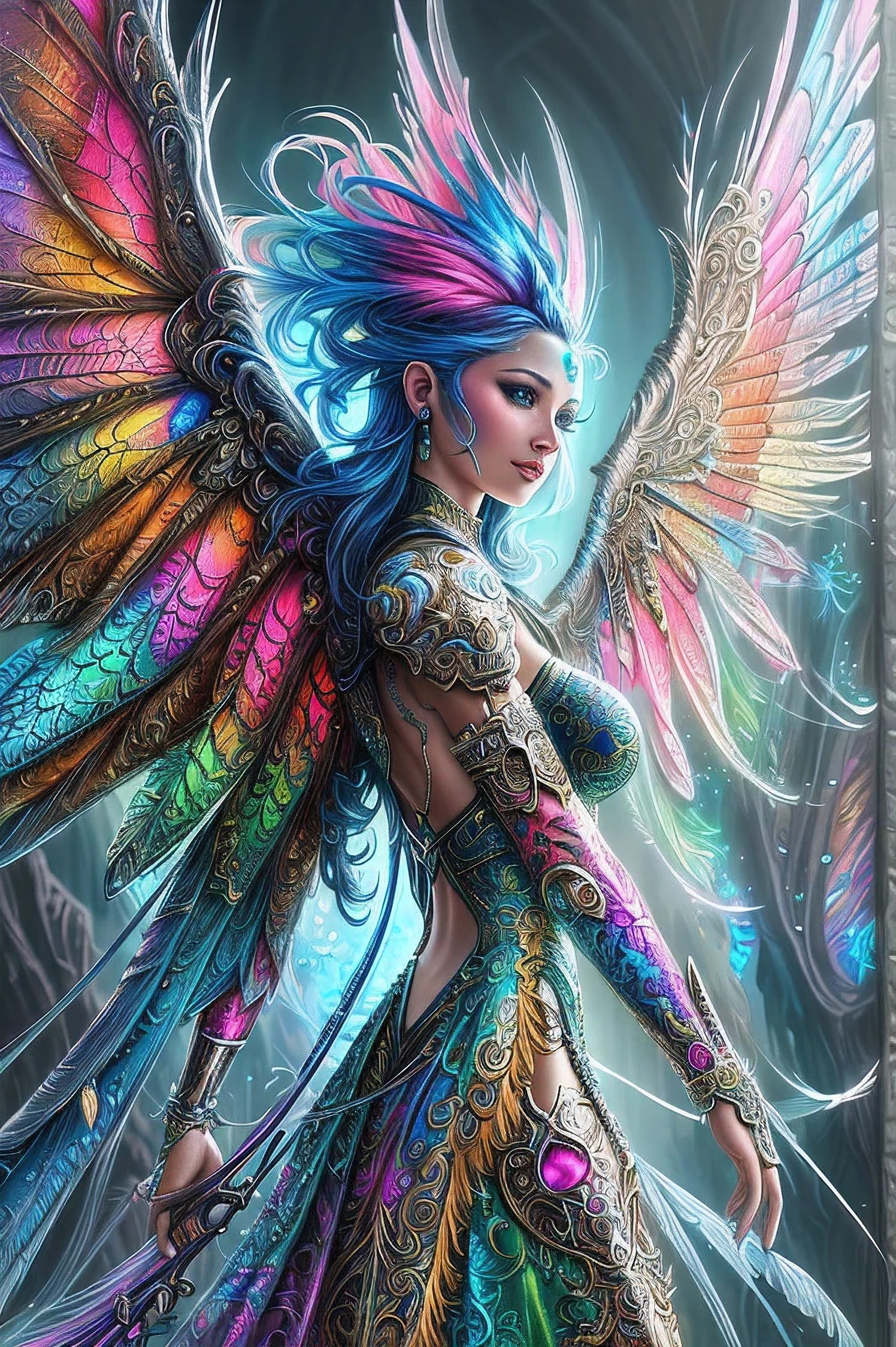 Close-up of a woman with colorful wings and body.., colorfull digital fantasy art, detailed digital fantasy art, highly detailed fantasy art, detailed fantasy art, digital fantasy art, beautiful cyborg angel girl, amazing fantasy art, Highly detailed fantasy characters, 4k highly detailed digital art, digital fantasy art, beautiful fantasy art, Detailed digital 2D fantasy art