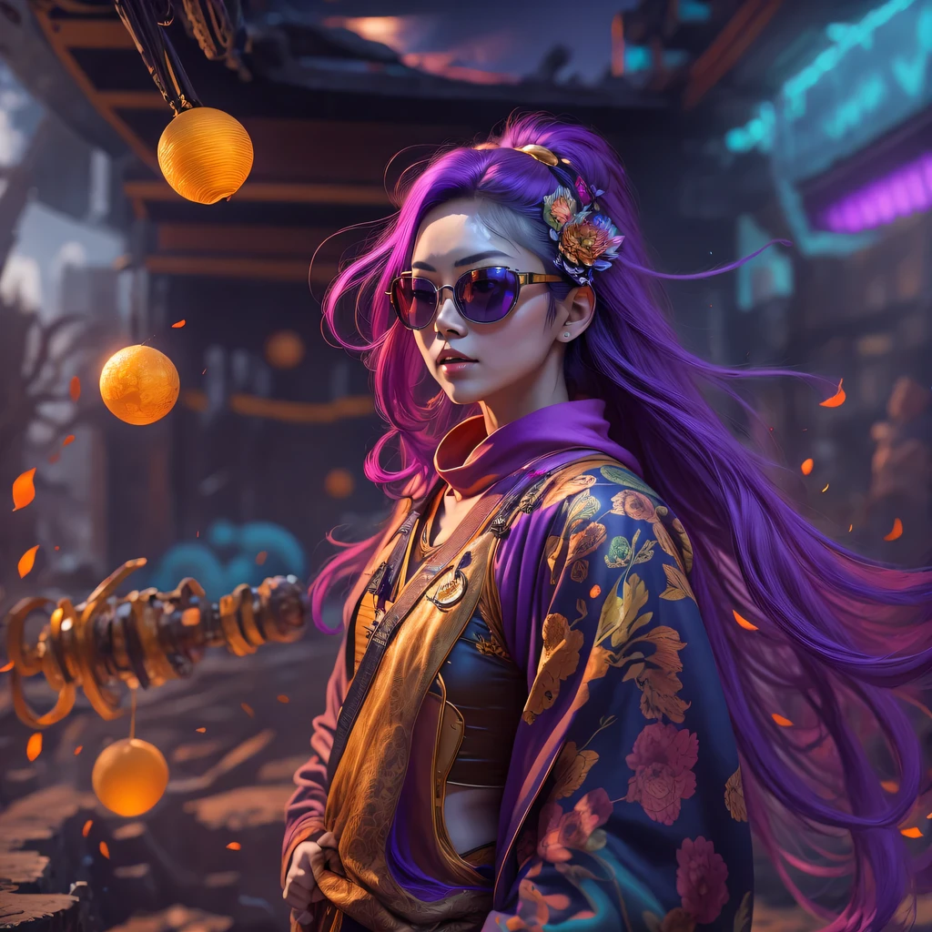 23679 Cyberpunk Year（masterpiece，HD，超HD，32k lotus root starch）Bright purple flowing hair，autumn pond， lotus root starch color， Asian （Michiko）， （silk scarf）， fighting stance， Looking at the starry sky， Orange gradient long hair， ((Thick frame reflective jade windproof goggles))Floating bright purple， Fire cloud gold headdress， Chinese long-sleeved gold silk garment， （Abstract ink splash：1.2），mars background，lotus（realistically：1.4），bright purple hair，Smoke on the road，The background is very ivory、pure， high resolution， Detailed wind protection goggles， RAW photos lotus root starch， Sharp Re， Nikon D850 film photo by Jefferies Lee 4 Kodak Portra 400 camera F1.6 guns, rich and colorful, Super real、Vivid textures, dramatic lighting, Unreal Engine Art Station Trend, Silicon Nest 800