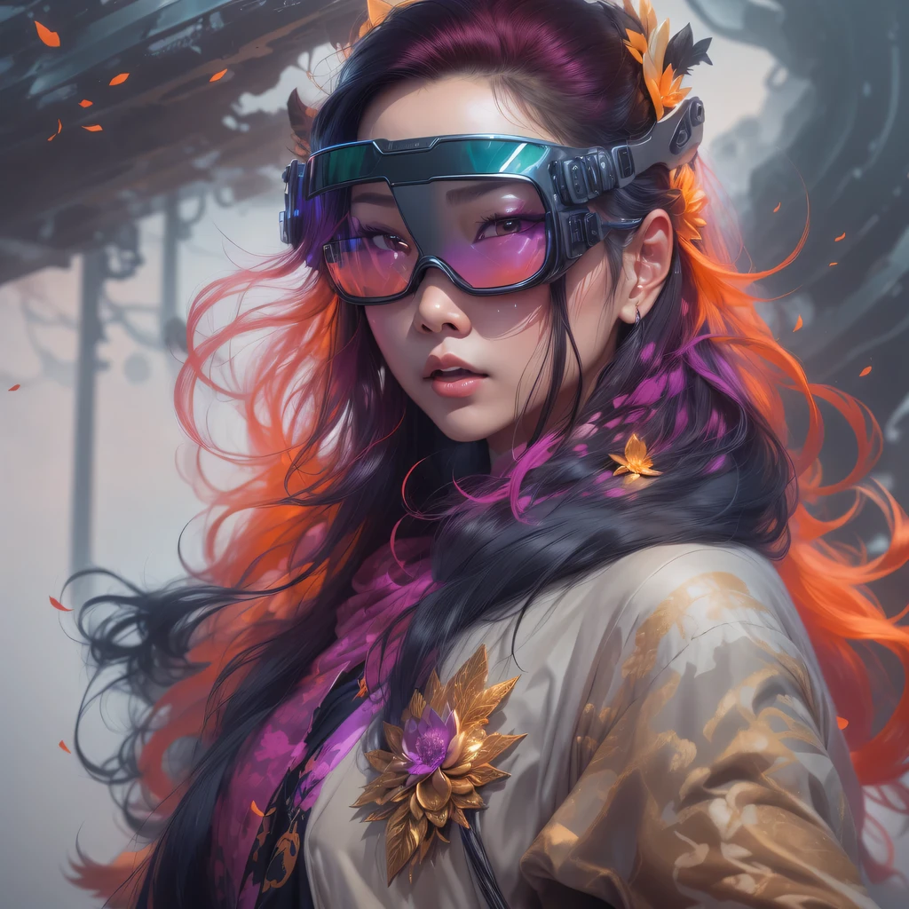 23679 Cyberpunk Year(masterpiece,HD,超HD,32k lotus root starch)Bright purple flowing hair,autumn pond, lotus root starch color, Asian (Michiko), (silk scarf), fighting stance, Looking at the starry sky, Orange gradient long hair, ((Thick frame reflective jade windproof goggles))Floating bright purple, Fire cloud gold headdress, Chinese long-sleeved gold silk garment, (Abstract ink splash:1.2),mars background,lotus(realistically:1.4),bright purple hair,Smoke on the road,The background is very ivory、pure, high resolution, Detailed wind protection goggles, RAW photos lotus root starch, Sharp Re, Nikon D850 film photo by Jefferies Lee 4 Kodak Portra 400 camera F1.6 guns, rich and colorful, Super real、Vivid textures, dramatic lighting, Unreal Engine Art Station Trend, Silicon Nest 800