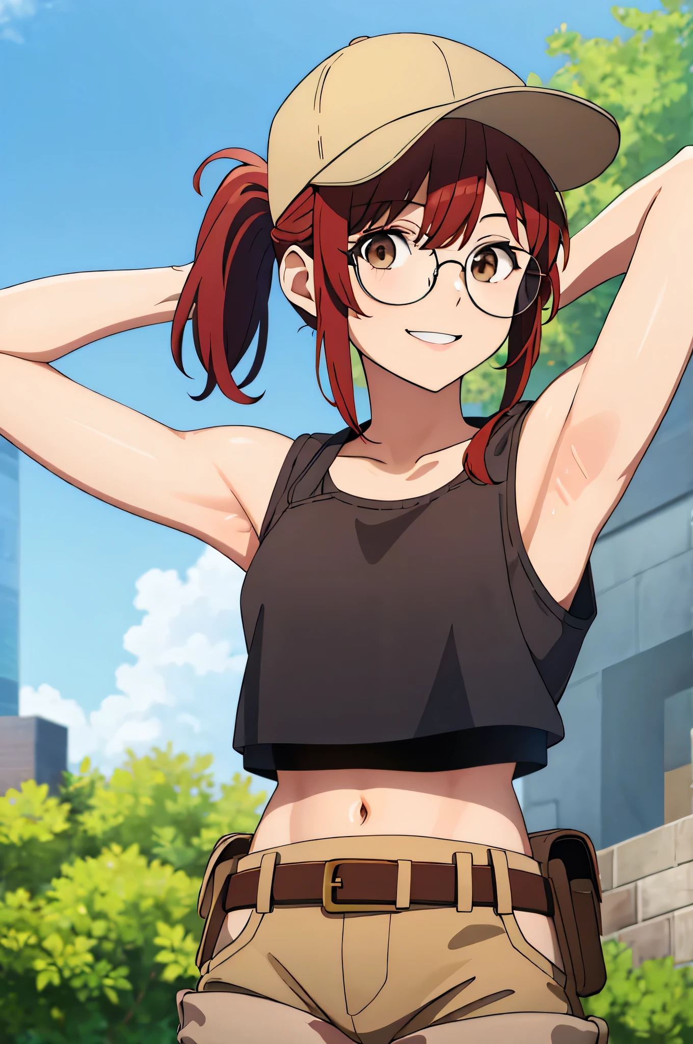 (masterpiece, best quality:1.2),illustration,8k,hd,1girl,solo,upper body,(portrait:1.2),round eyewear,hat,crop top,midriff,gloves,navel,baseball cap,knee pads,short shorts,ponytail,boots,brown eyes,brown shorts,belt,smile, pack,brown headwear,red hair,hip vent,tank top,long hair,vest, upper body,outdoors, ((glasses 1.2)),armpits,arms raised,posing,arms behind head,showing armpits