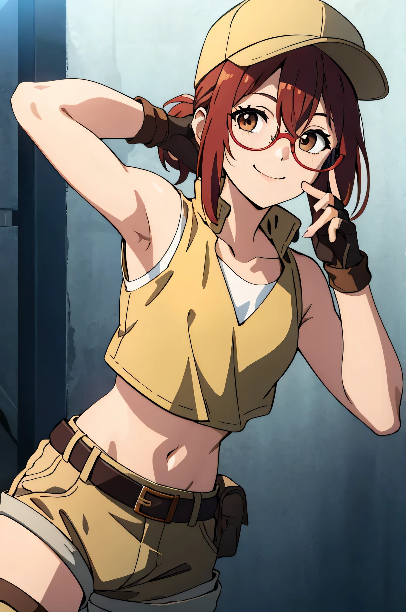 (masterpiece, best quality:1.2),illustration,8k,hd,1girl,solo,upper body,(portrait:1.2),round eyewear,hat,crop top,midriff,gloves,navel,baseball cap,knee pads,short shorts,ponytail,boots,brown eyes,brown shorts,belt,smile, pack,brown headwear,red hair,hip vent,tank top,long hair,vest, upper body,outdoors, ((glasses 1.2)),armpits,arms raised,posing,arms behind head,showing armpits