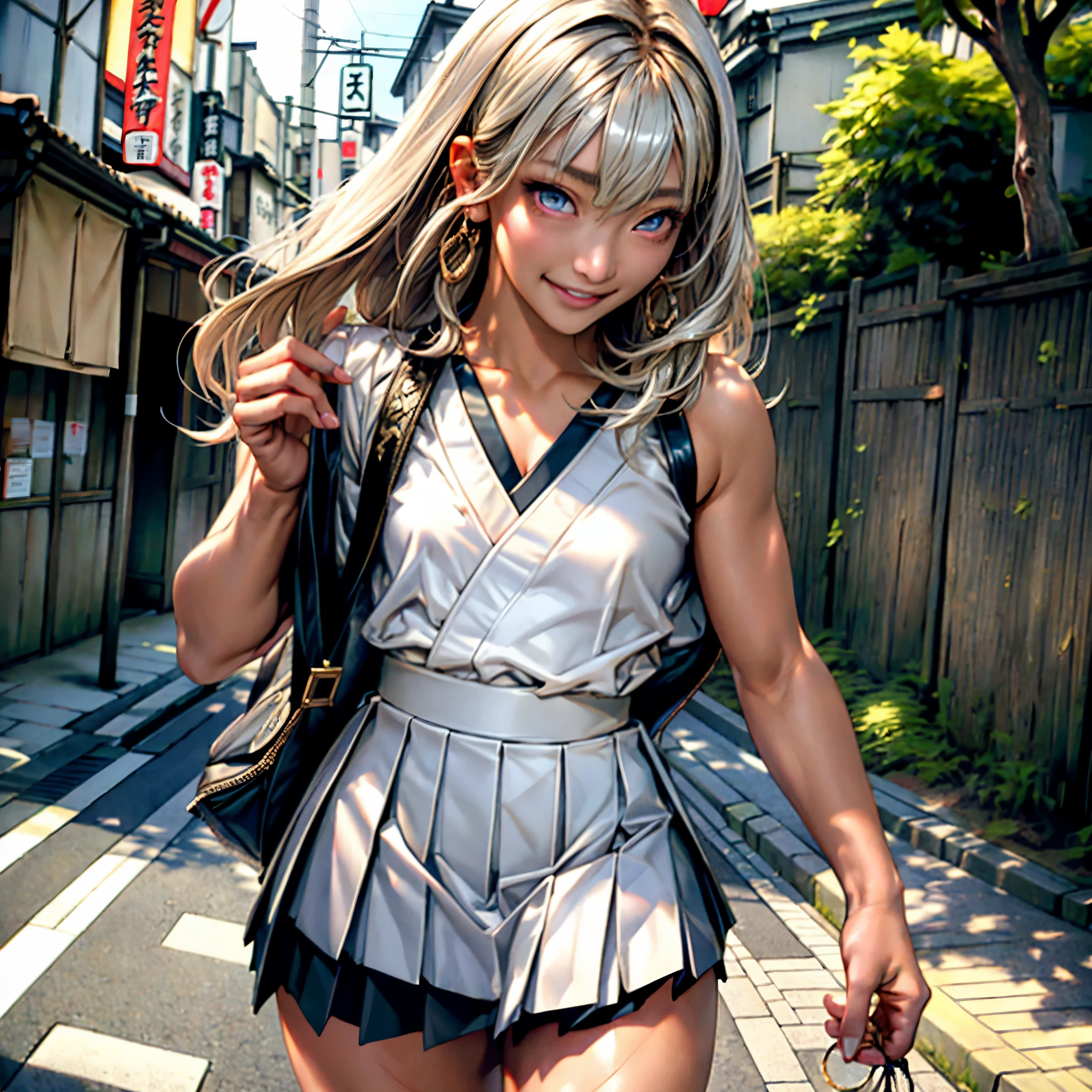 (realistic:1.3), finely detailed, quality, rembrandt lighting, (masterpiece:1.2), (photorealistic:1.2), (best quality), (detailed skin:1.3), (intricate details), dramatic, ray tracing, 1girl, japanese girl, 21 years old, detailed skin texture, (blush:0.5), (goosebumps:0.5), subsurface scattering, smiling, small breasts, long hair, bangs, hair between eyes, gyaru, serafuku, pleated skirt, portrait shot, (outdoors, tokyo, street, bright sunny day),