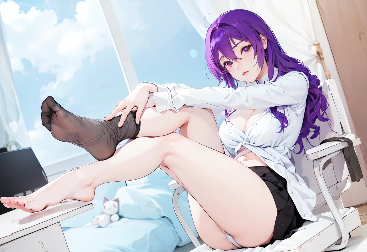 Anime girl sitting cross-legged on the bed, anime girl squatting, Beautiful anime girl squatting, The delicate legs are looming on your body, Anime visual of a cute girl, Smooth anime CG art, feet posing, fine detail anime, Surrealism , anime pictures