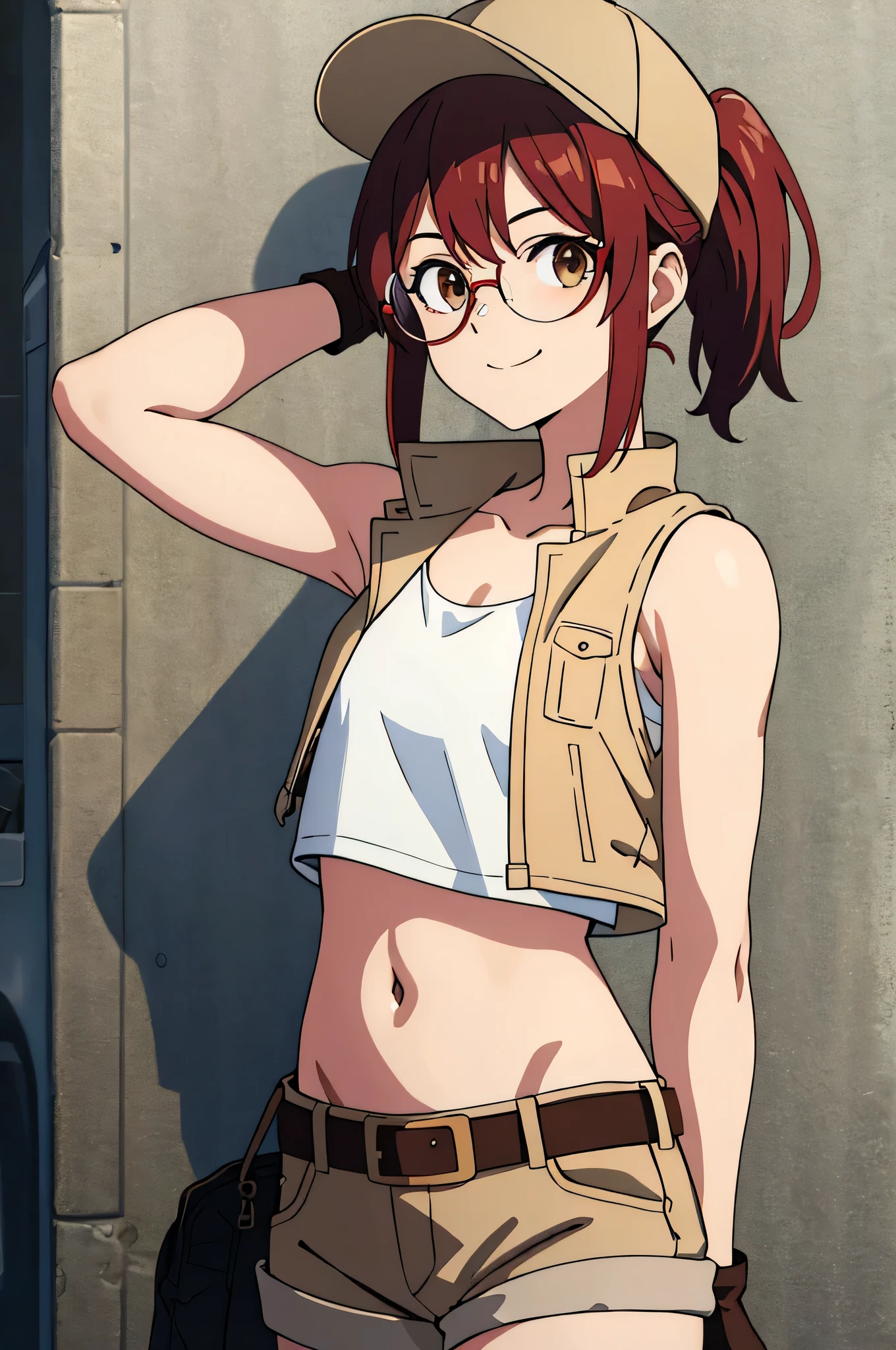 (masterpiece, best quality:1.2),illustration,8k,hd,1girl,solo,upper body,(portrait:1.2),round eyewear,hat,crop top,midriff,gloves,navel,baseball cap,knee pads,short shorts,ponytail,boots,brown eyes,brown shorts,belt,smile, pack,brown headwear,red hair,hip vent,tank top,long hair,vest, upper body,outdoors, ((glasses 1.2)),armpits,arms raised,posing,arms behind head