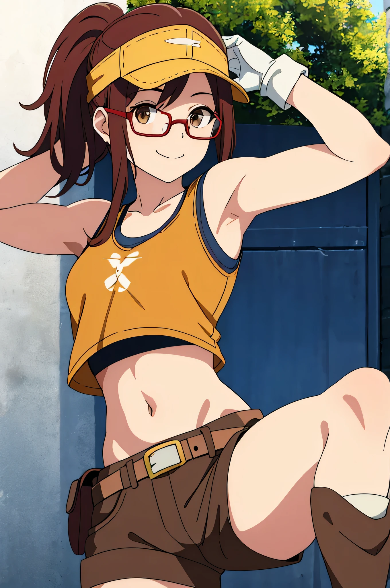 (masterpiece, best quality:1.2),illustration,8k,hd,1girl,solo,upper body,(portrait:1.2),round eyewear,hat,crop top,midriff,gloves,navel,baseball cap,knee pads,short shorts,ponytail,boots,brown eyes,brown shorts,belt,smile, pack,brown headwear,red hair,hip vent,tank top,long hair,vest, upper body,outdoors, ((glasses 1.2)),armpits,arms raised,posing,arms behind head