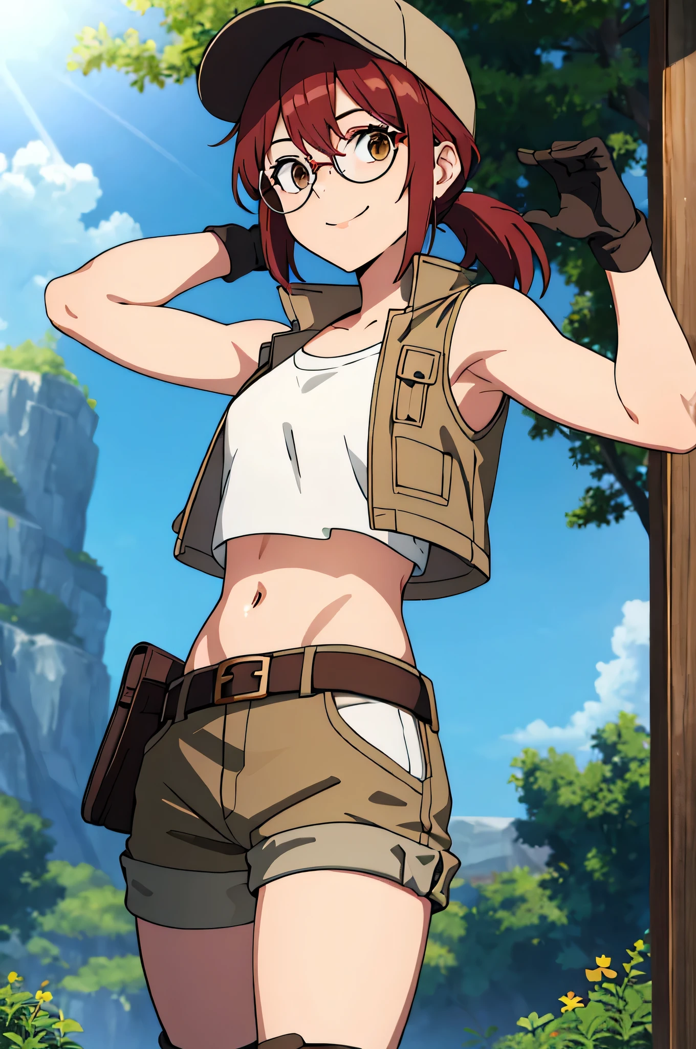 (masterpiece, best quality:1.2),illustration,8k,hd,1girl,solo,upper body,(portrait:1.2),round eyewear,hat,crop top,midriff,gloves,navel,baseball cap,knee pads,short shorts,ponytail,boots,brown eyes,brown shorts,belt,smile, pack,brown headwear,red hair,hip vent,tank top,long hair,vest, upper body,outdoors, ((glasses 1.2)),armpits,arms raised,posing,arms behind head