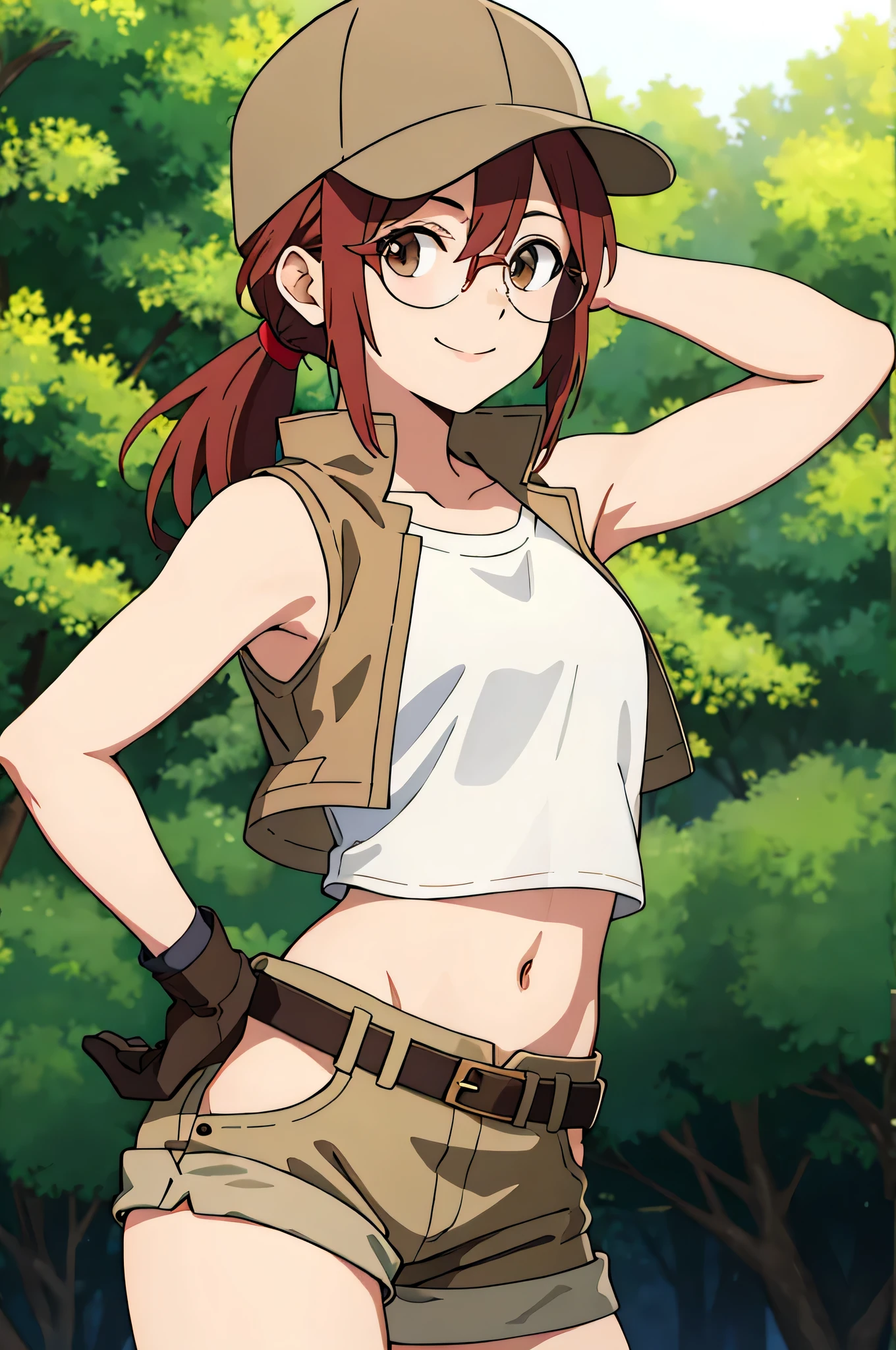 (masterpiece, best quality:1.2),illustration,8k,hd,1girl,solo,upper body,(portrait:1.2),round eyewear,hat,crop top,midriff,gloves,navel,baseball cap,knee pads,short shorts,ponytail,boots,brown eyes,brown shorts,belt,smile, pack,brown headwear,red hair,hip vent,tank top,long hair,vest, upper body,outdoors, ((glasses 1.2)),armpits,arms raised,posing,arms behind head