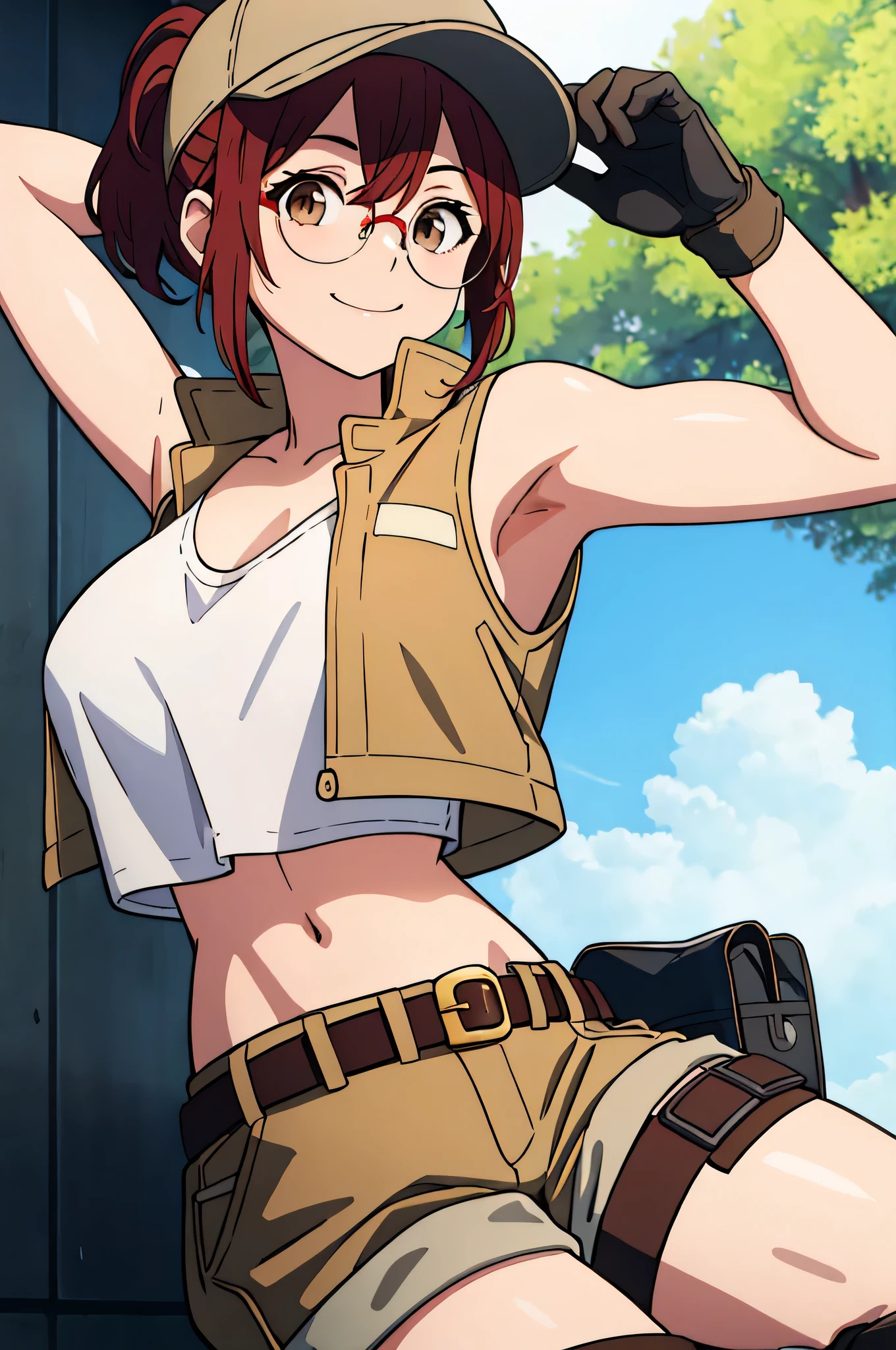 (masterpiece, best quality:1.2),illustration,8k,hd,1girl,solo,upper body,(portrait:1.2),round eyewear,hat,crop top,midriff,gloves,navel,baseball cap,knee pads,short shorts,ponytail,boots,brown eyes,brown shorts,belt,smile, pack,brown headwear,red hair,hip vent,tank top,long hair,vest,huge breasts, upper body,outdoors, ((glasses 1.2)),armpits,arms raised,posing,arms behind head