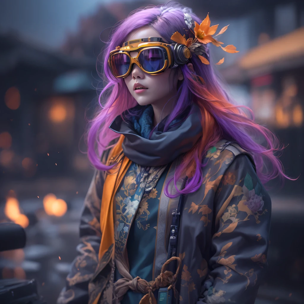 23679 Cyberpunk Year(masterpiece,HD,超HD,32k lotus root starch)Bright purple flowing hair,autumn pond, lotus root starch color, Asian (Michiko), (silk scarf), fighting stance, Looking at the starry sky, Orange gradient long hair, ((Thick frame reflective jade windproof goggles))Floating bright purple, Fire cloud gold headdress, Chinese long-sleeved gold silk garment, (Abstract ink splash:1.2),mars background,lotus(realistically:1.4),bright purple hair,Smoke on the road,The background is very ivory、pure, high resolution, Detailed wind protection goggles, RAW photos lotus root starch, Sharp Re, Nikon D850 film photo by Jefferies Lee 4 Kodak Portra 400 camera F1.6 guns, rich and colorful, Super real、Vivid textures, dramatic lighting, Unreal Engine Art Station Trend, Silicon Nest 800