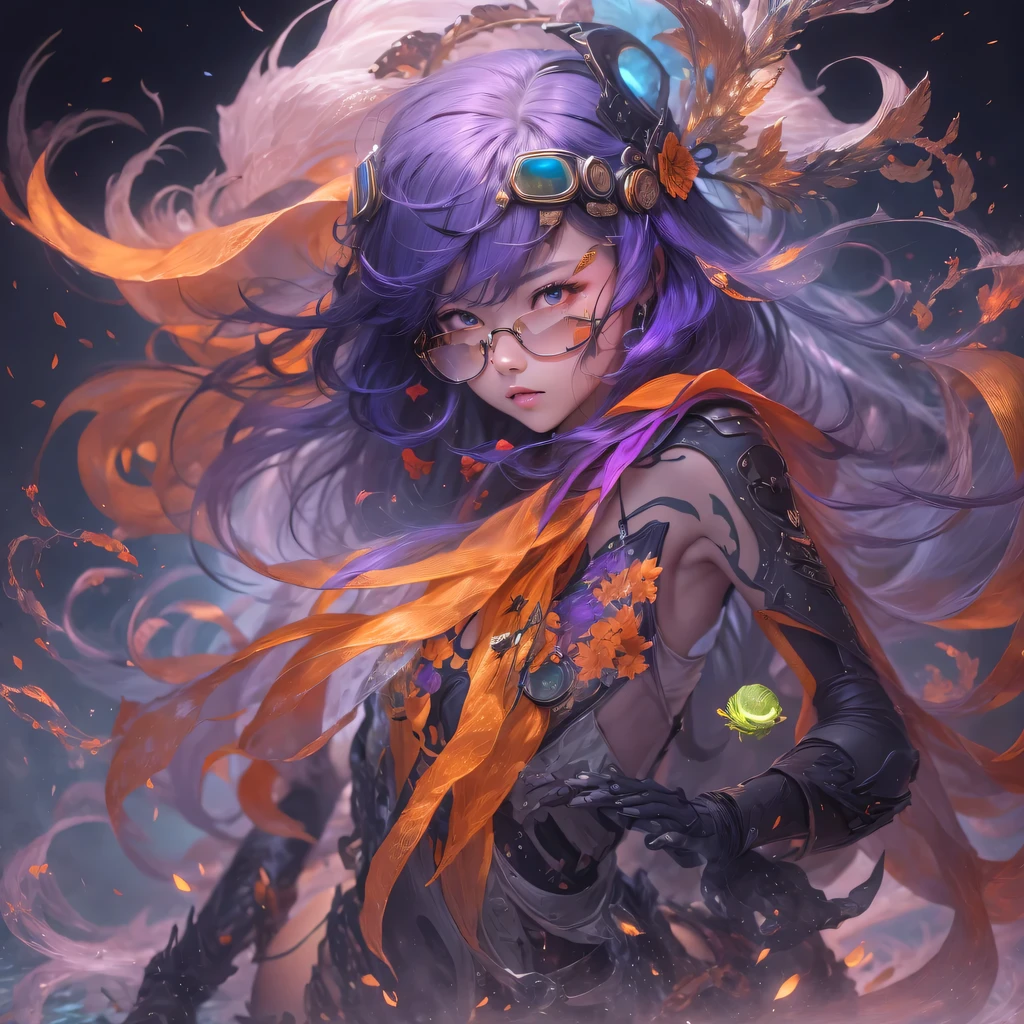 23679 Cyberpunk Year（masterpiece，HD，超HD，32k lotus root starch）Bright purple flowing hair，autumn pond， lotus root starch color， Asian （Michiko）， （silk scarf）， fighting stance， Looking at the starry sky， Orange gradient long hair， ((Thick frame reflective jade windproof goggles))Floating bright purple， Fire cloud gold headdress， Chinese long-sleeved gold silk garment， （Abstract ink splash：1.2），mars background，lotus（realistically：1.4），bright purple hair，Smoke on the road，The background is very ivory、pure， high resolution， Detailed wind protection goggles， RAW photos lotus root starch， Sharp Re， Nikon D850 film photo by Jefferies Lee 4 Kodak Portra 400 camera F1.6 guns, rich and colorful, Super real、Vivid textures, dramatic lighting, Unreal Engine Art Station Trend, Silicon Nest 800