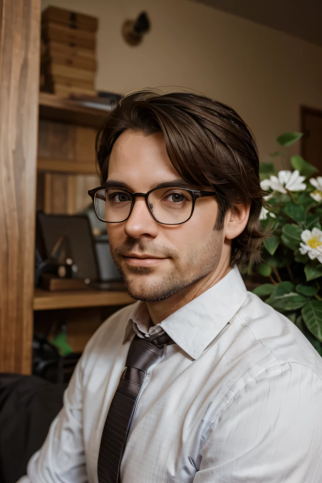 a portrait of a person to put as the author of the posts for my blog, writes mostly about email marketing, business tips, man with glasses, beautiful dark brown hairs, mid 30s
