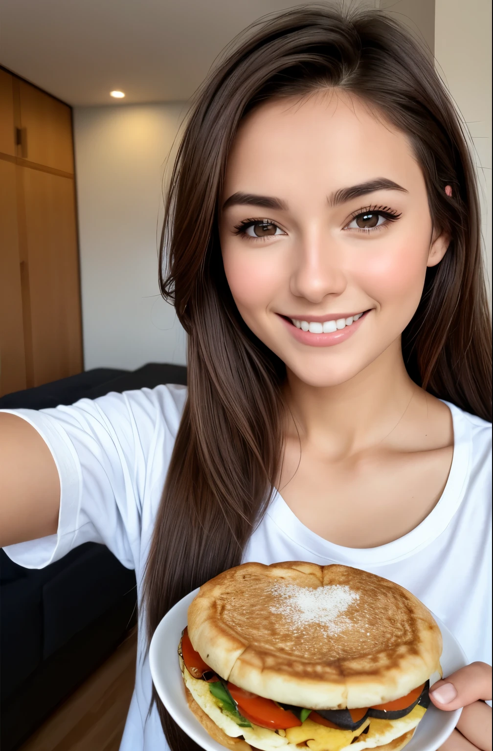 An effortlessly beautiful girl next door, selfie, t-shirt, brown hair, eating breakfast (Happy, excited smile), fotoreal, Hyperrealismus, best quality, (natural skin structure, very detailed face), Meisterwerk, scharfer Fokus, morning