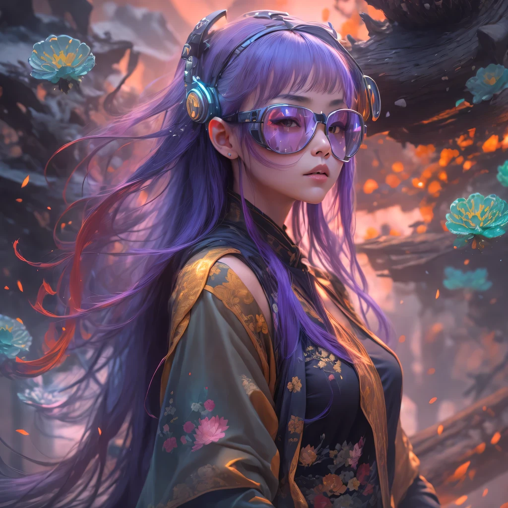 23679 Cyberpunk Year(masterpiece,HD,超HD,32k lotus root starch)Bright purple flowing hair,autumn pond, lotus root starch color, Asian (Michiko), (silk scarf), fighting stance, Looking at the starry sky, Orange gradient long hair, ((Thick frame reflective jade windproof goggles))Floating bright purple, Fire cloud gold headdress, Chinese long-sleeved gold silk garment, (Abstract ink splash:1.2),mars background,lotus(realistically:1.4),bright purple hair,Smoke on the road,The background is very ivory、pure, high resolution, Detailed wind protection goggles, RAW photos lotus root starch, Sharp Re, Nikon D850 film photo by Jefferies Lee 4 Kodak Portra 400 camera F1.6 guns, rich and colorful, Super real、Vivid textures, dramatic lighting, Unreal Engine Art Station Trend, Silicon Nest 800
