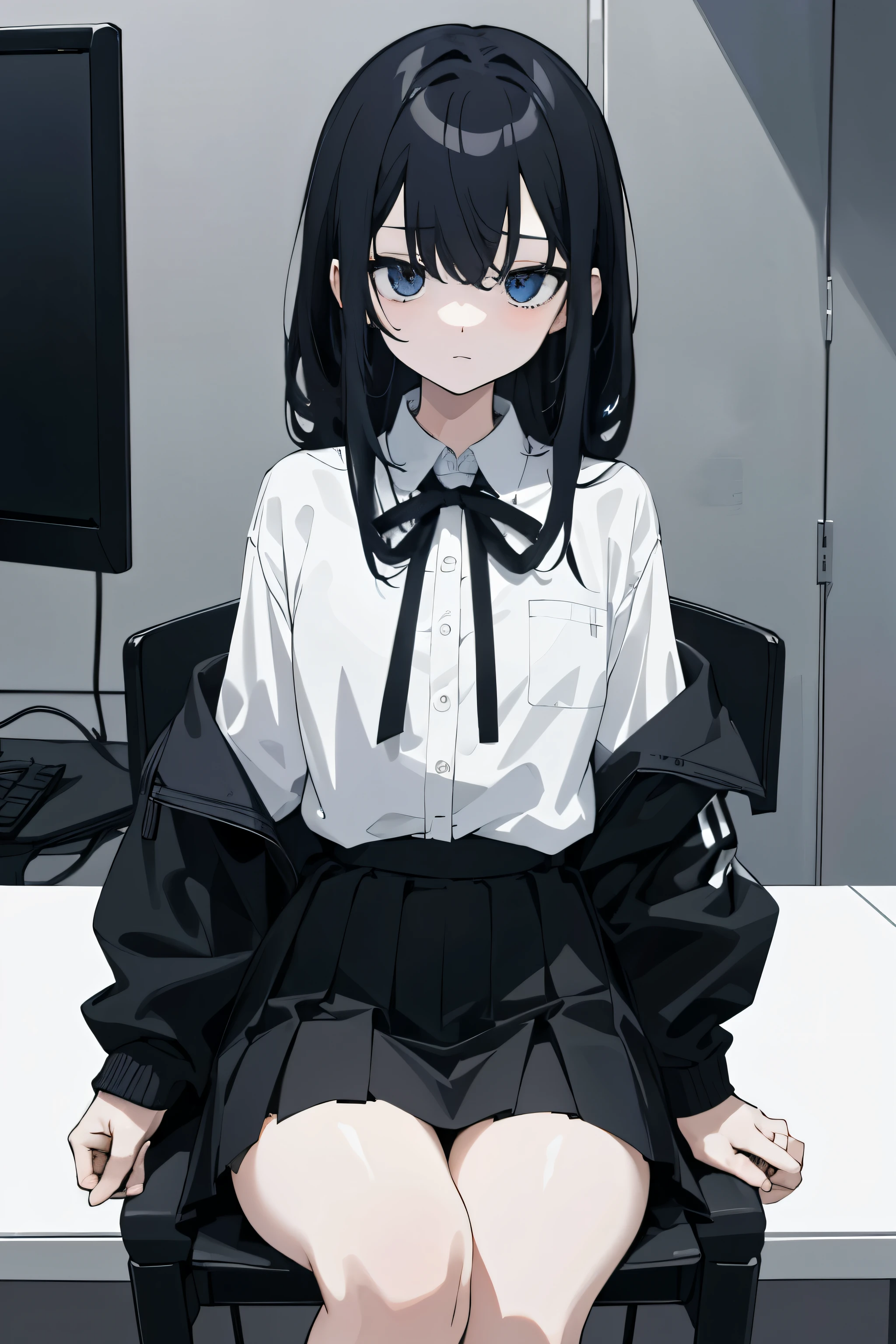 (hacker,anime style,wearing white shirt,black skirt,indoor scene,The expression is gloomy),((UHD HD picture quality,A masterpiece for delicate skin,8k))Character close-up,dark room,dark,sit on the chair,There'next to screen,computer。detail,best quality,very clearly