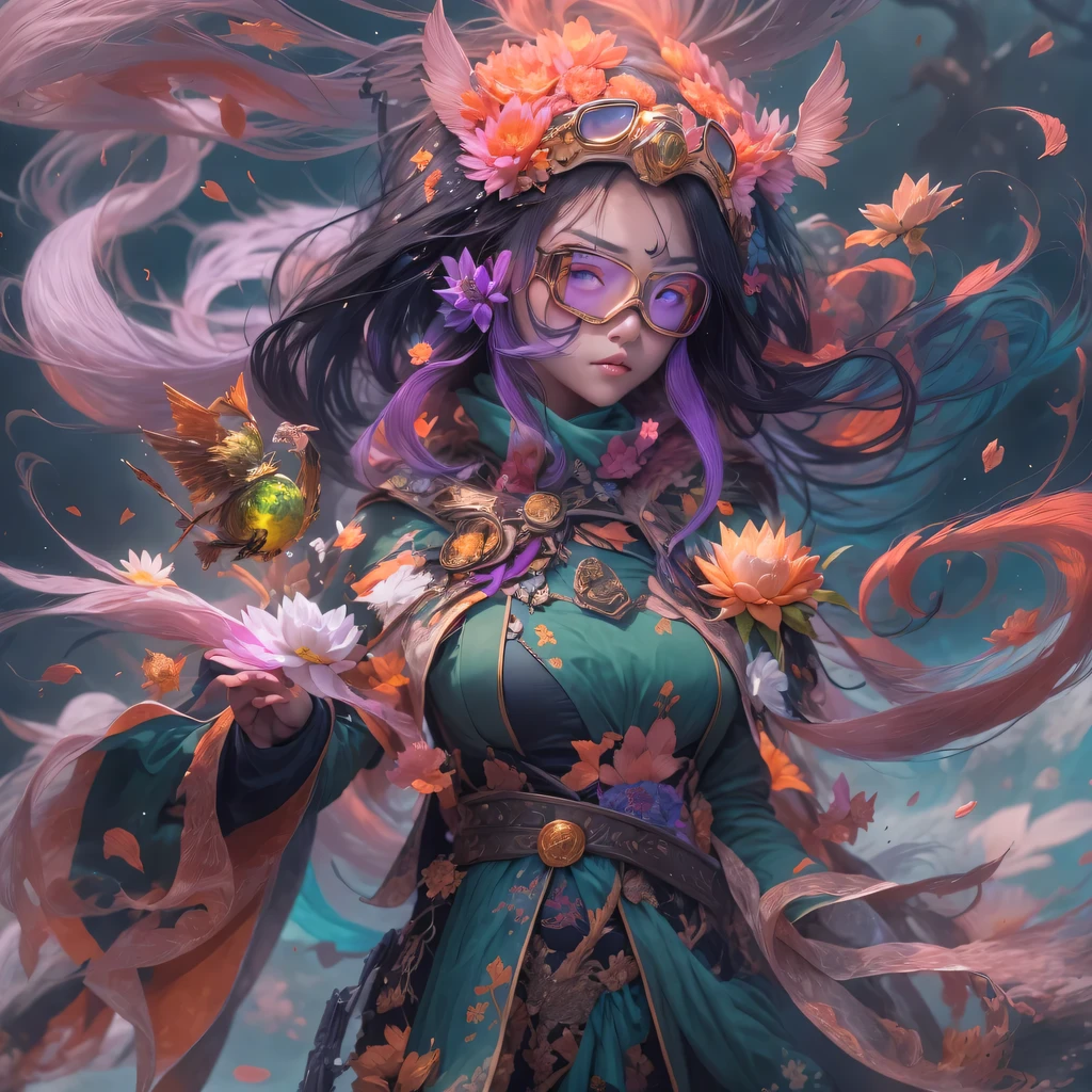 23679 Cyberpunk Year(masterpiece,HD,超HD,32k lotus root starch)Bright purple flowing hair,autumn pond, lotus root starch color, Asian (Michiko), (silk scarf), fighting stance, Looking at the starry sky, Orange gradient long hair, ((Thick frame reflective jade windproof goggles))Floating bright purple, Fire cloud gold headdress, Chinese long-sleeved gold silk garment, (Abstract ink splash:1.2),mars background,lotus(realistically:1.4),bright purple hair,Smoke on the road,The background is very ivory、pure, high resolution, Detailed wind protection goggles, RAW photos lotus root starch, Sharp Re, Nikon D850 film photo by Jefferies Lee 4 Kodak Portra 400 camera F1.6 guns, rich and colorful, Super real、Vivid textures, dramatic lighting, Unreal Engine Art Station Trend, Silicon Nest 800