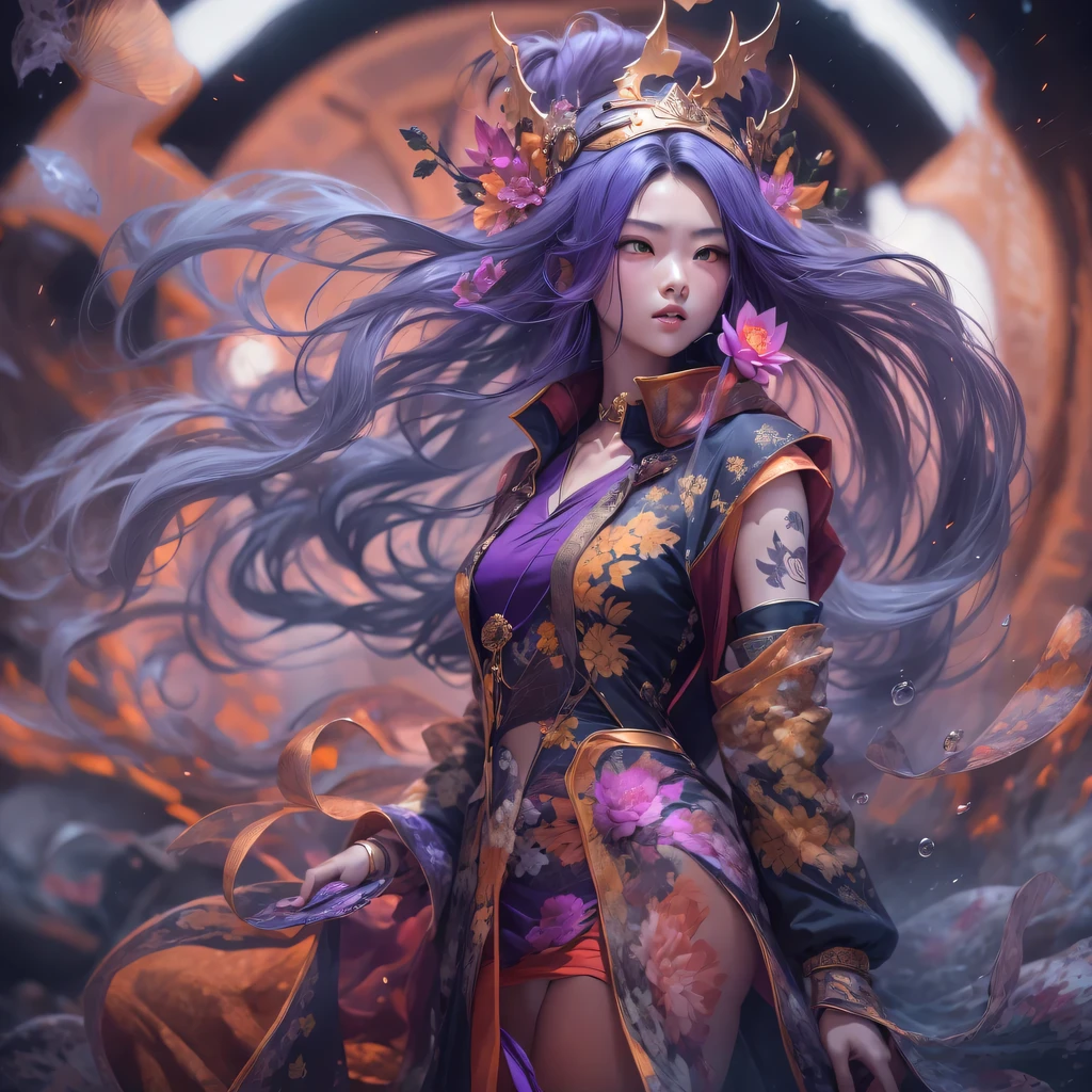 23679 Cyberpunk Year（masterpiece，HD，超HD，32k lotus root starch）Bright purple flowing hair，autumn pond， lotus root starch color， Asian （Michiko）， （silk scarf）， fighting stance， Looking at the starry sky， Orange gradient long hair， ((Thick frame reflective jade windproof goggles))Floating bright purple， Fire cloud gold headdress， Chinese long-sleeved gold silk garment， （Abstract ink splash：1.2），mars background，lotus（realistically：1.4），bright purple hair，Smoke on the road，The background is very ivory、pure， high resolution， Detailed wind protection goggles， RAW photos lotus root starch， Sharp Re， Nikon D850 film photo by Jefferies Lee 4 Kodak Portra 400 camera F1.6 guns, rich and colorful, Super real、Vivid textures, dramatic lighting, Unreal Engine Art Station Trend, Silicon Nest 800