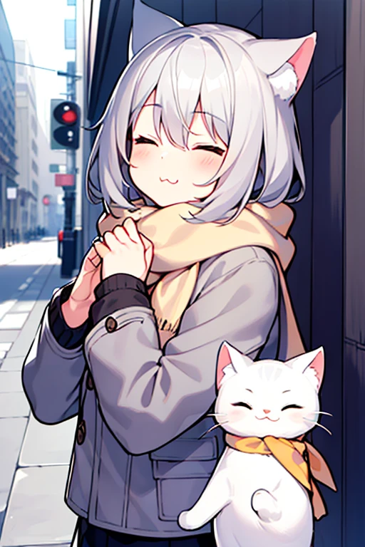 masterpiece, highest quality, 1 girl, gray hair, medium hair, Cat ear, close your eyes, looking at the viewer, :3, cute, scarf, Jacket, outdoor, street,