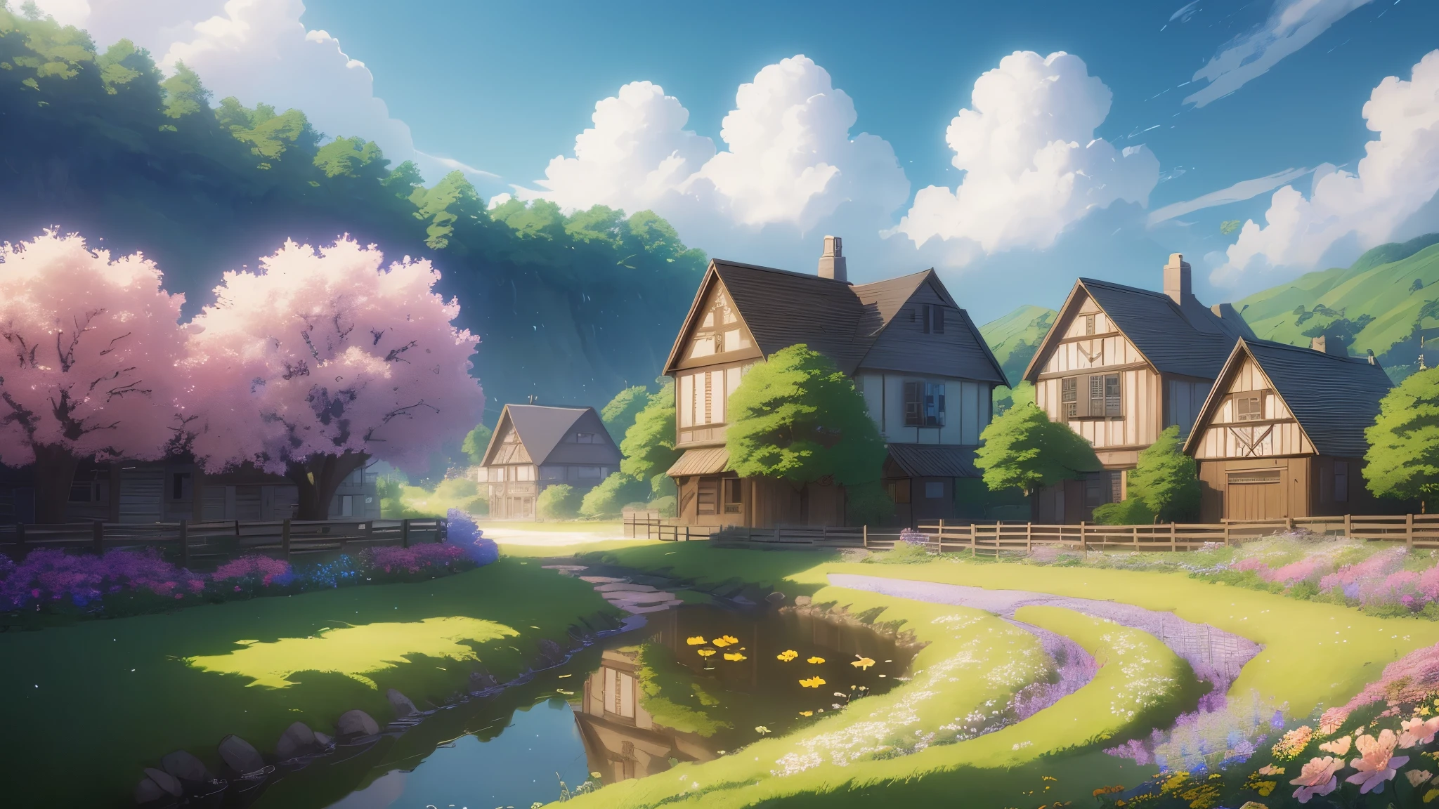 Masterpiece, best quality, (very detailed CG unity 8k wallpaper) (best quality), (best illustration), anime, village, flowers, blue sky, --v6