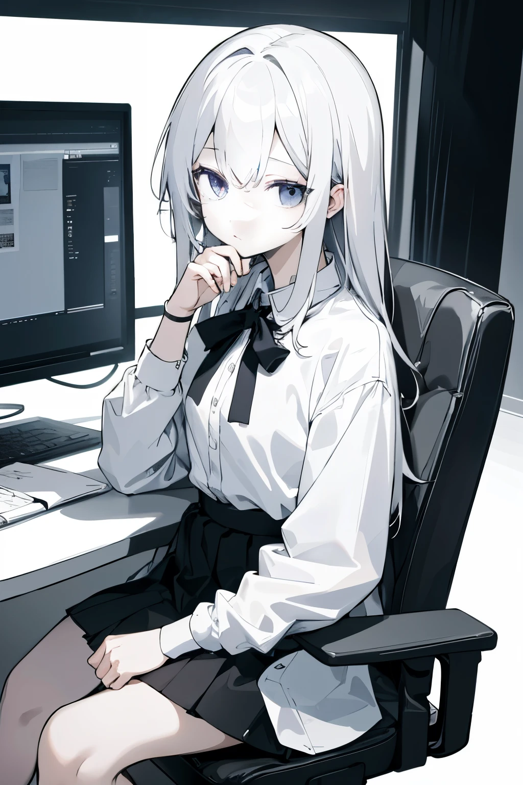 (hacker,anime style,wearing white shirt,black skirt,indoor scene,gloomy look),((UHD HD picture quality,A masterpiece for delicate skin,8k))Character close-up,dark room,dark,sit on the chair,There's a screen next to it,computer。detail,best quality,EXTREMELY CLEAR