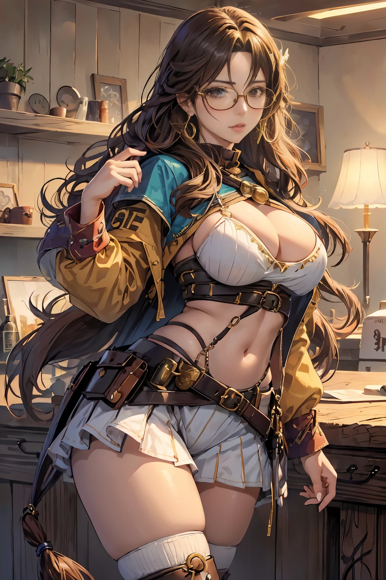 anime girl, cowgirl costume, big breasts, brown hair, perfect proportions, ((wavy long hair)), Glasses, earrings, ((NFSW:1.3))