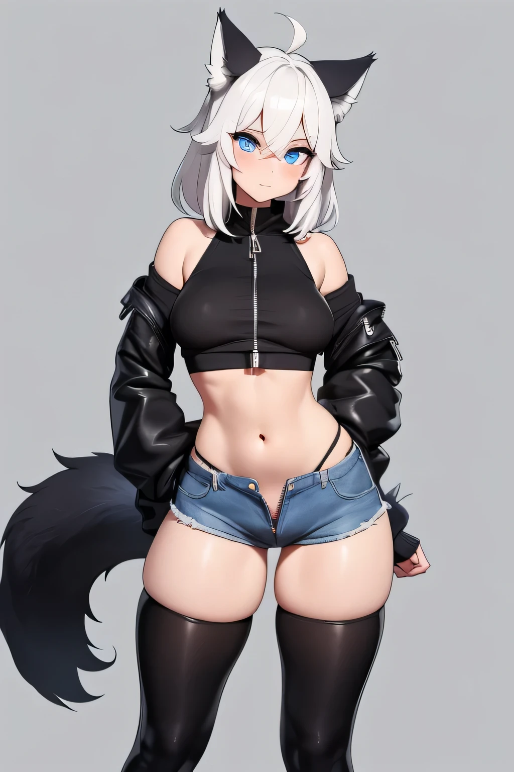 1girl, woman with wolf ears, has white hair, female, short body, (short), slim waist, small waist, wearing denim short shorts with zipper open, blue denim short shorts, zipper open, wearing tiny (black) croptop, small croptop, croptop, (underboob:1.4), wearing black thigh highs, wearing black combat boots, (solo), blushing, has blue eyes, (Perfect eyes), (Masterpiece), thick thighs, wide hips, has wolf tail, (small breasts), tiny breasts, (cameltoe)