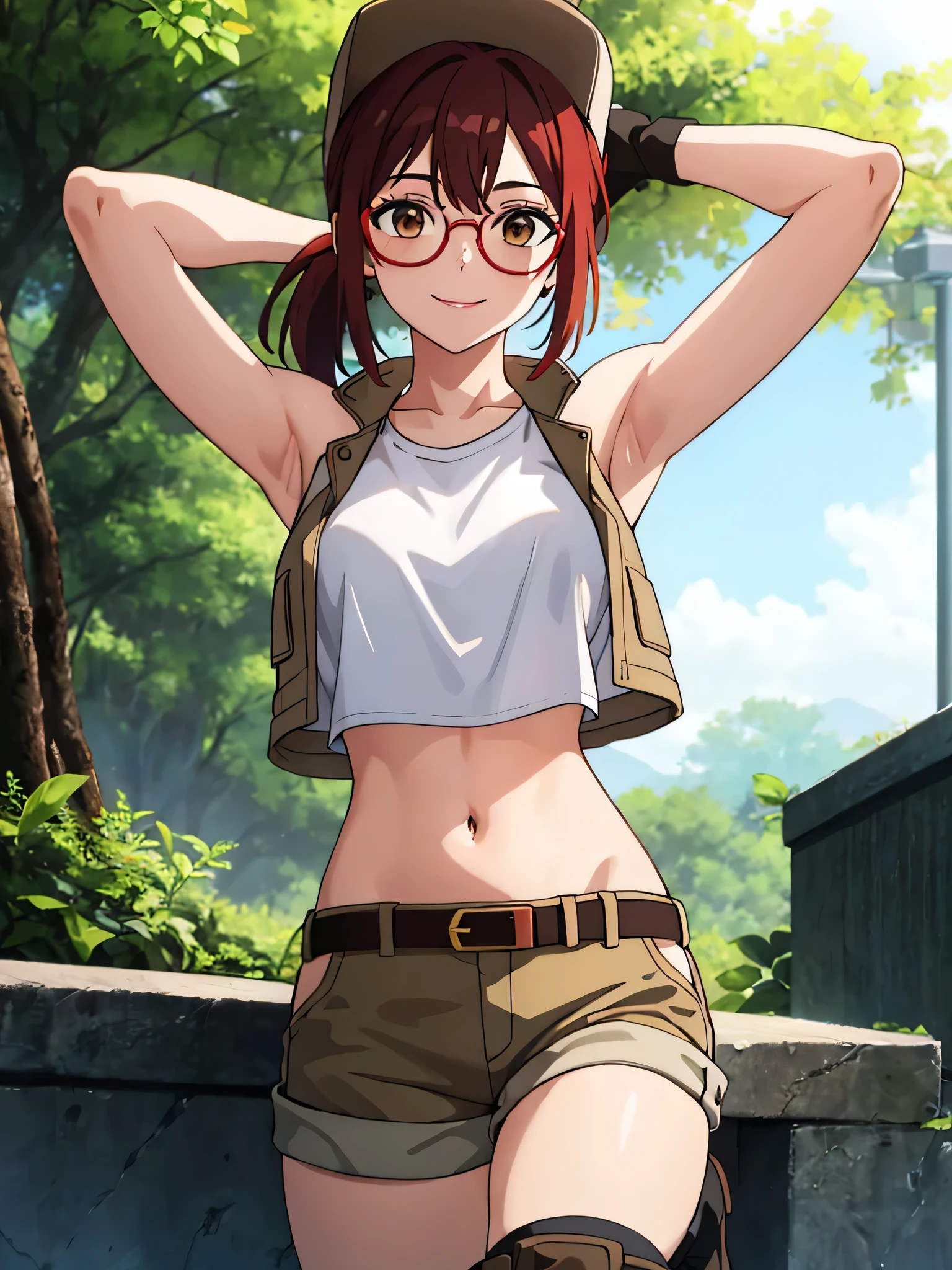 (masterpiece, best quality:1.2),illustration,8k,hd,1girl,solo,upper body,(portrait:1.2),round eyewear,hat,crop top,midriff,gloves,navel,baseball cap,knee pads,short shorts,ponytail,boots,brown eyes,brown shorts,belt,smile, pack,brown headwear,red hair,hip vent,tank top,long hair,vest, upper body,outdoors, ((glasses 1.2)),armpits,arms raised,posing,arms behind head,showing armpits