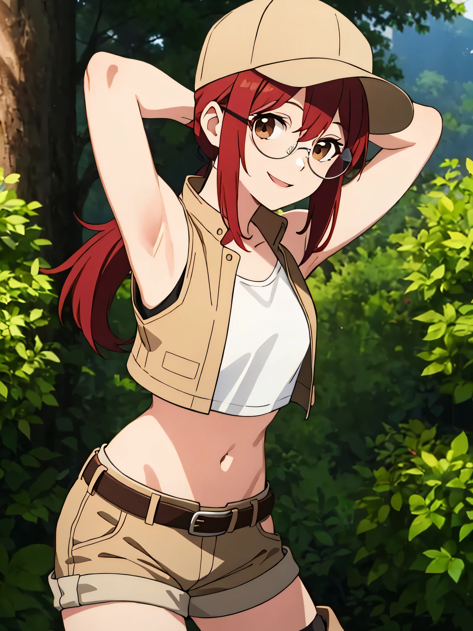 (masterpiece, best quality:1.2),illustration,8k,hd,1girl,solo,upper body,(portrait:1.2),round eyewear,hat,crop top,midriff,gloves,navel,baseball cap,knee pads,short shorts,ponytail,boots,brown eyes,brown shorts,belt,smile, pack,brown headwear,red hair,hip vent,tank top,long hair,vest, upper body,outdoors, ((glasses 1.2)),armpits,arms raised,posing,arms behind head,showing armpits