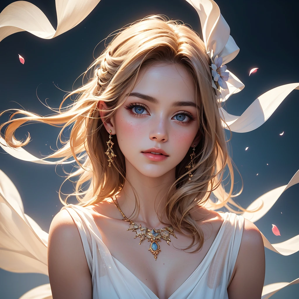 (best quality,4k,8k,highres,masterpiece:1.2),ultra-detailed,(realistic,photorealistic,photo-realistic:1.37),goddess of beauty,greek mythology,mythical figure,youthful appearance,serene expression,flowing golden hair,pearly white skin,ethereal beauty,soft and radiant lighting,delicate features,detailed eyes and face,rosy cheeks,sensual lips,graceful pose,flowing white dress,glowing aura,colorful flowers,heavenly atmosphere,artistic portrait,classic art style,vibrant colors,soft pastel tones