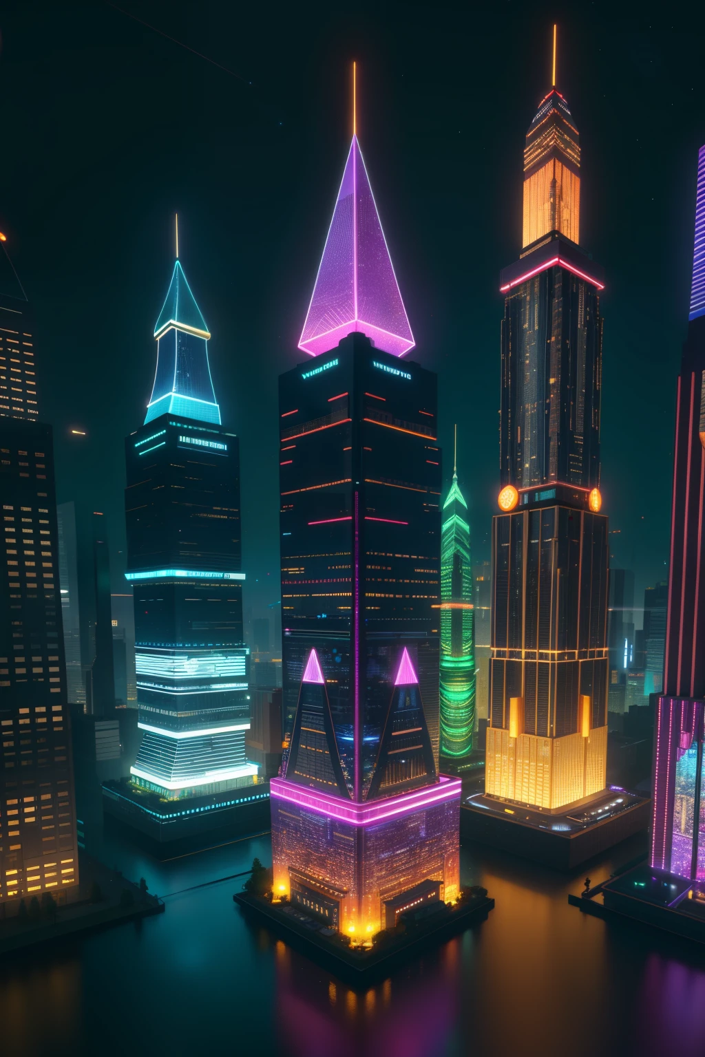 In the heart of the night rests a captivating little world, trapped within a solid backdrop of a glass bottle. Each detail of this isometric scene is brought to life through a 3d render, illuminated by the vivacious glow of artstation-inspired lighting. The realm is bathed in a tranquil stillness, inviting the viewer on a close-up exploration. Towering structures, as if miniaturized versions of futuristic architecture, rise from the ground, their edges outlined in pulsating neon lights. Delicate, floating holograms sprinkle interactive advertisements across the atmosphere. Graphic vines of vertical gardens carpet the buildings' facades, merging
