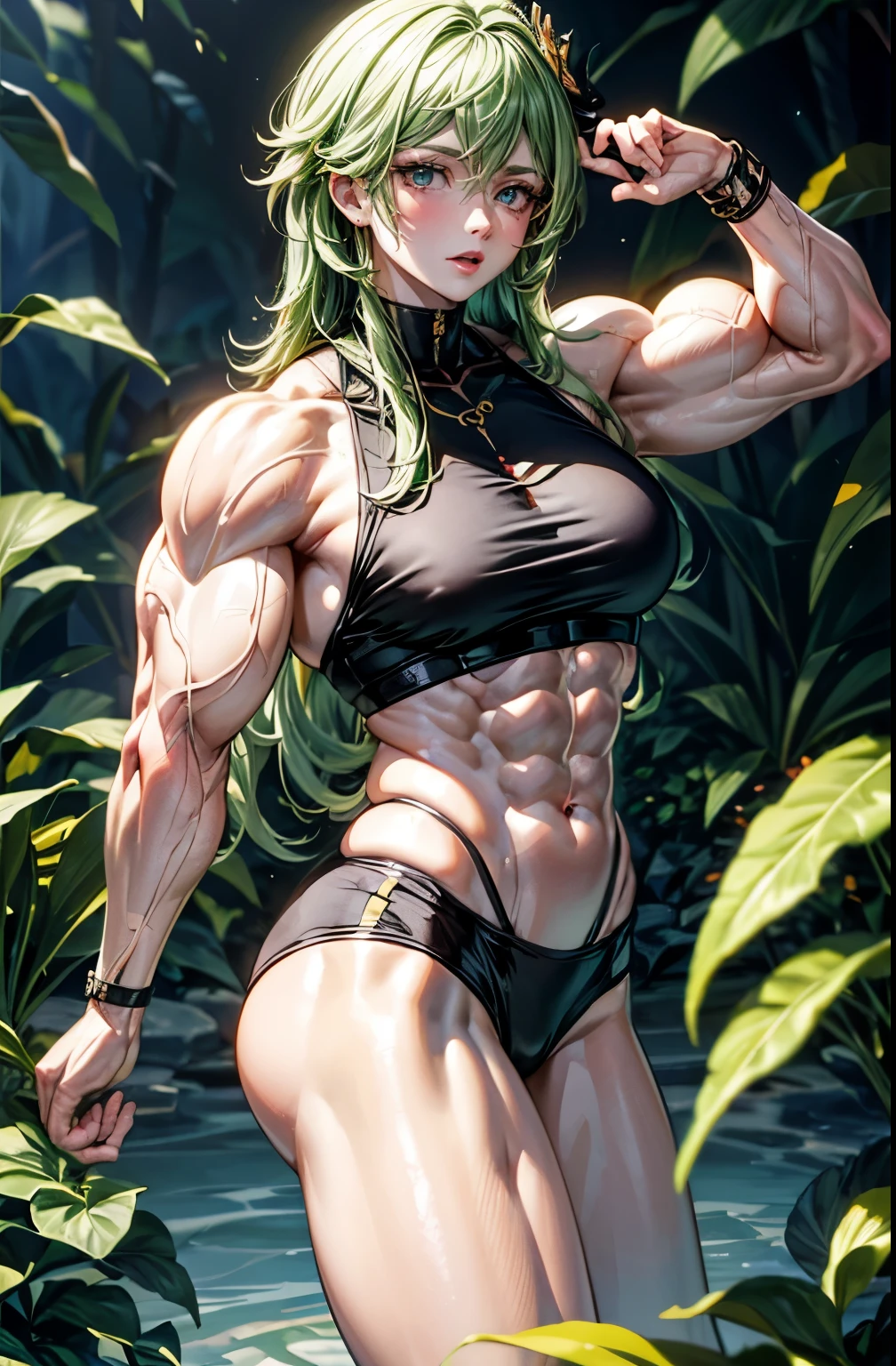 (best lighting) , (Extremely complex and detailed) , 4K unified, (Super detailed CG: 1.2) , (8k: 1.2),(The original), (masterpiece) , (best quality),(masterpiece:1.4),Anime-like high quality,(masterpiece),masterpiece, Super clear picture quality,clearer than,(delicate face)best quality, absurd,((Master of Peace, 4K, 8k, Yes, high resolution))1个girl, female student,Collet,green hair,lilac eyes,Long pale green hair,她in the garden里,Ten strong abdominal muscles,stand up,Crop topping,dense, There are raised veins on the arms,Oversized muscles,The visual sense of muscle explosion,Muscles feel like they're about to explode,The biceps are as big as several steamed buns,spring, in the garden,Lush plants,boots, Perfect body, silver long hair, dynamic poses,legs exposed,Strong leg muscles ((bodybuilder:1.5)),spring garden(beautiful bass),(girl),(miss),(((Upper body:1)))Fashionable midriff-baring outfit