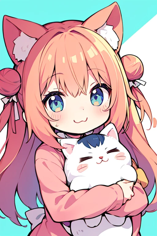 cute、Anime、kitten、has ears、holding meat bun on cheek。
