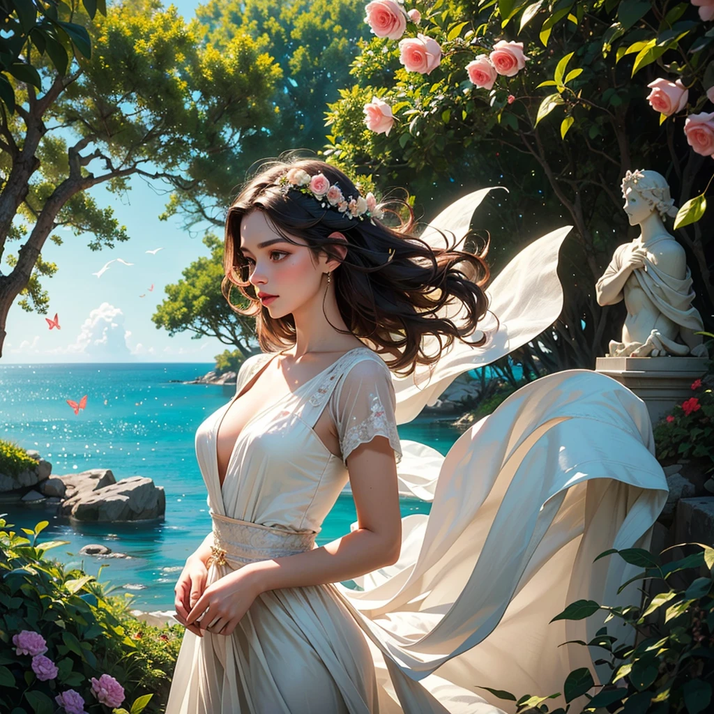 (best quality,4k,8k,highres,masterpiece:1.2),ultra-detailed,(realistic,photorealistic,photo-realistic:1.37),beautiful,graceful,Aphrodite in a blooming garden,ethereal beauty,radiant glow,soft lighting,feminine charm,serene expression,golden hair flowing in the wind,delicate facial features,rosy cheeks,vibrant blue eyes,pouty lips,flowing white dress,floating gracefully in the air,flowers surrounding her,fragrant roses,butterflies fluttering around her,gentle breeze,rays of sunlight streaming through the trees,vivid colors,impeccable details in every petal and leaf,lush greenery,majestic marble statues in the background,sparkling turquoise ocean in the distance,peaceful atmosphere,enchanted paradise,classic oil painting style