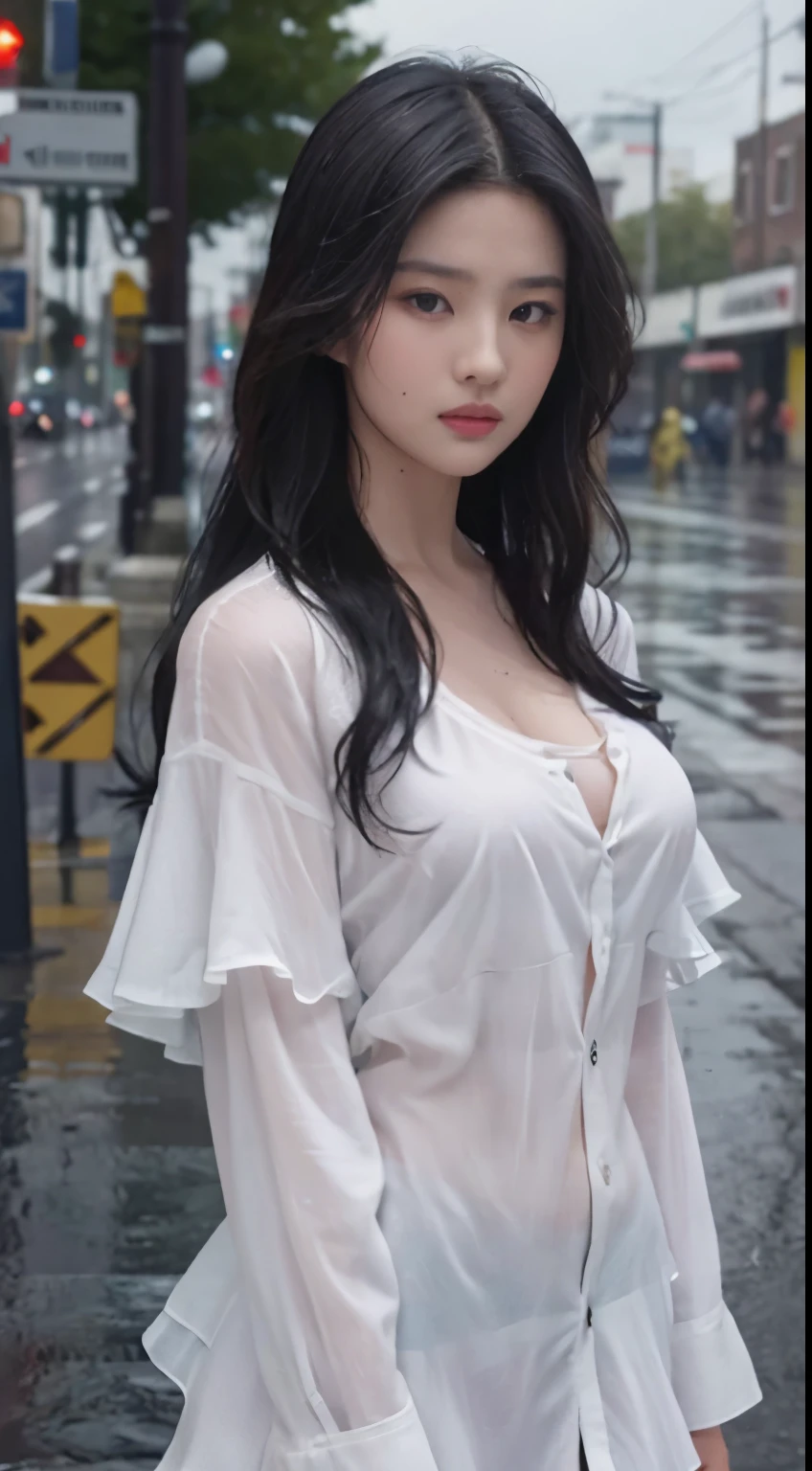 Fullbody portraite, ((Best Quality, 8K, Masterpiece: 1.3)), Sharp: 1.2, Perfect Body Beauty: 1.4, Slim Abs: 1.2, ((Layered Hairstyle, Long Hair, Big Breasts: 1.2)), (Wet White Button Long Shirt: 1.1), (Rain, Street: 1.2), Wet: 1.5, Highly detailed face and skin texture, detailed eyes, double eyelids, front view, look at viewer