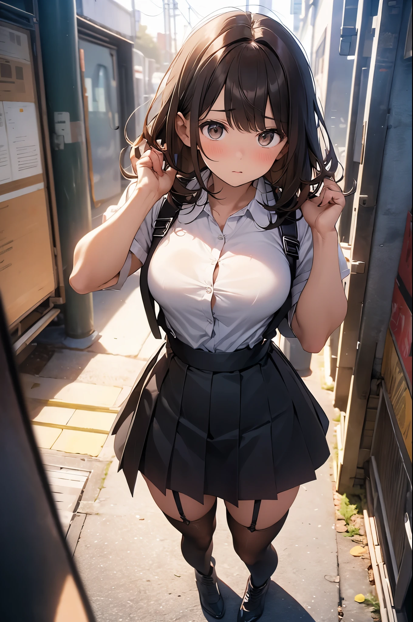 brown hair、looking at the viewer suspenders Bulging big breasts Black miniskirt garter belt knee high socks Gaze small face bangs Beauty hands up Gaze black boots provocation one person cutter shirt Panty shot hands behind put your hands behind your back Hands behind your back With your hands behind your back