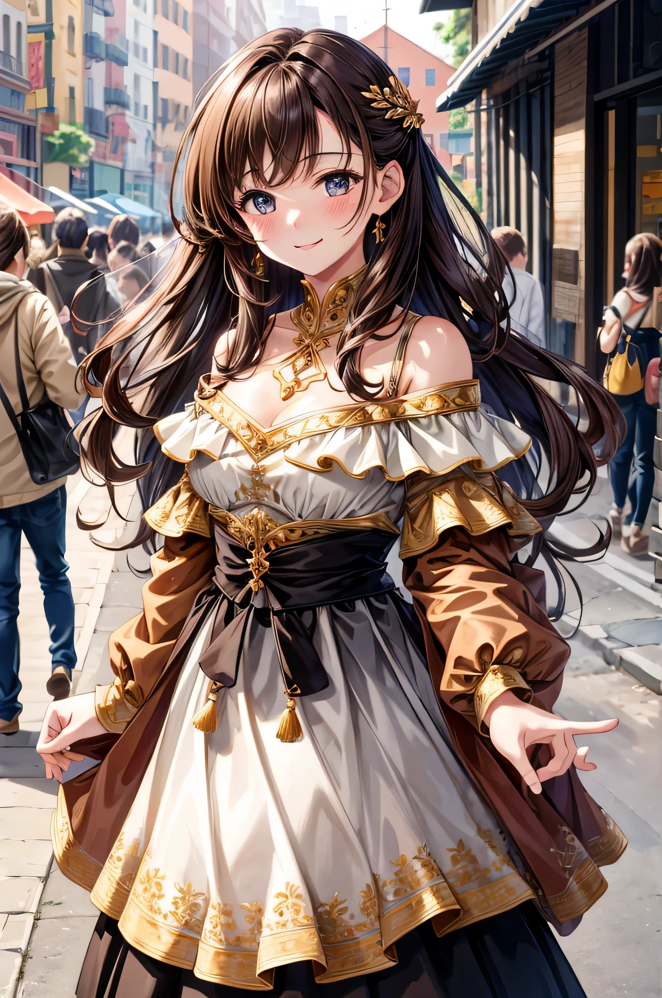 master piece, Best Quality , cute girl , standing , focus on person , detailed person quality , city road , detailed background , off shoulder top , design skirt , long brown hair , medium breast ,chest line ,blush and smile , soft light